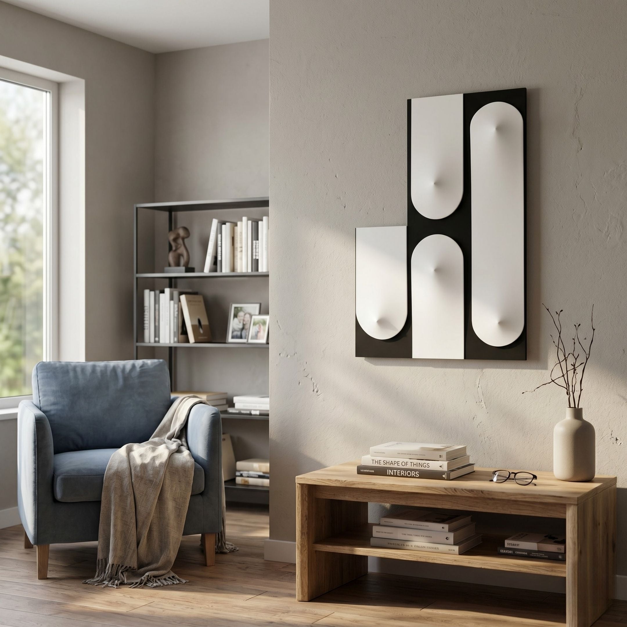 A cozy living room with a blue armchair, beige blanket, wooden coffee table, bookshelf full of books, and natural light from a window. The wall features the Curventa Black & White Curved Panel 3D Wall Art by Giant Sculptures.