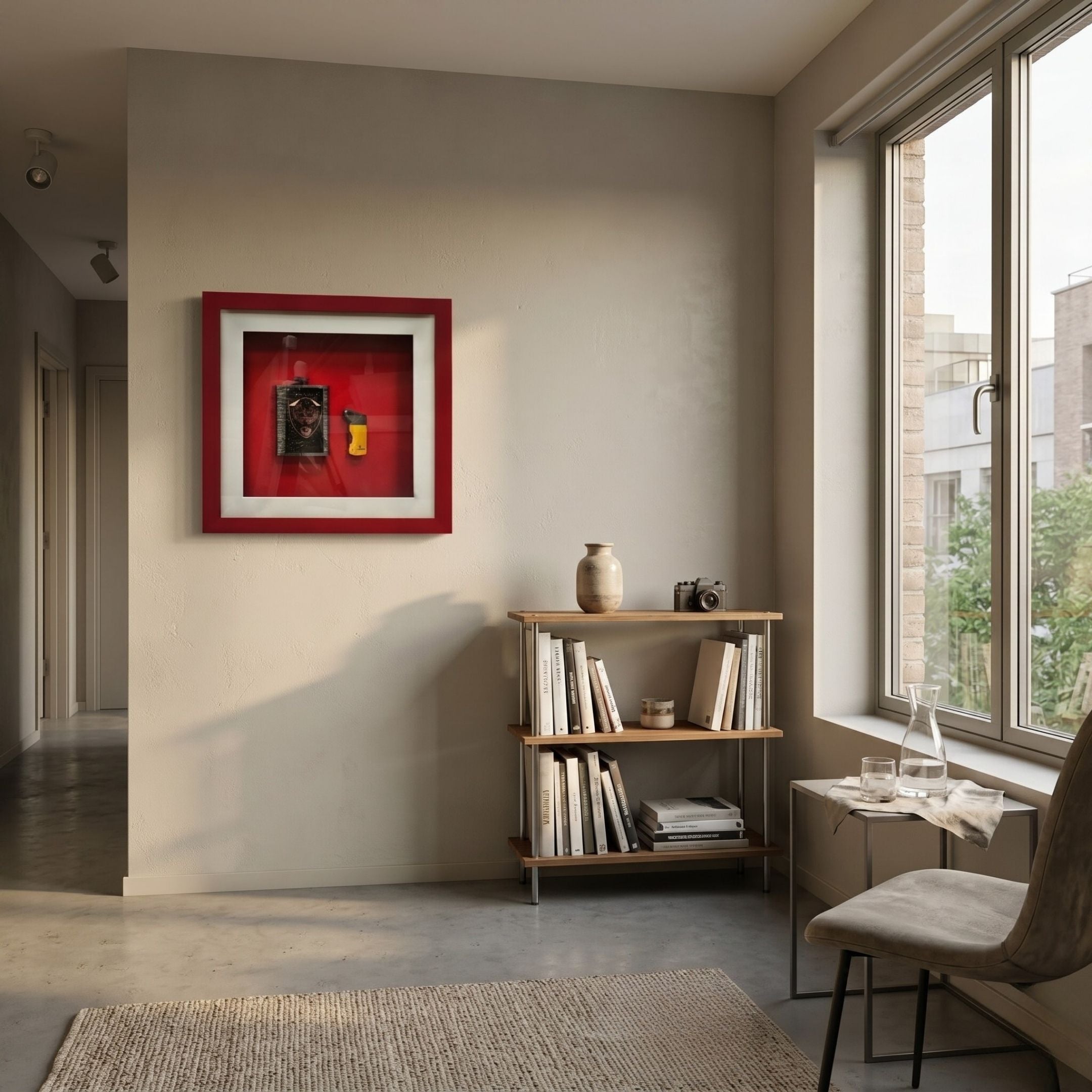 A modern living room corner features a beige chair, bookshelf with books and decor, small table with glassware, and Giant Sculptures’ Cavendro Flask & Butane Lighter Framed Wall Art in red on a neutral wall, all bathed in natural light.