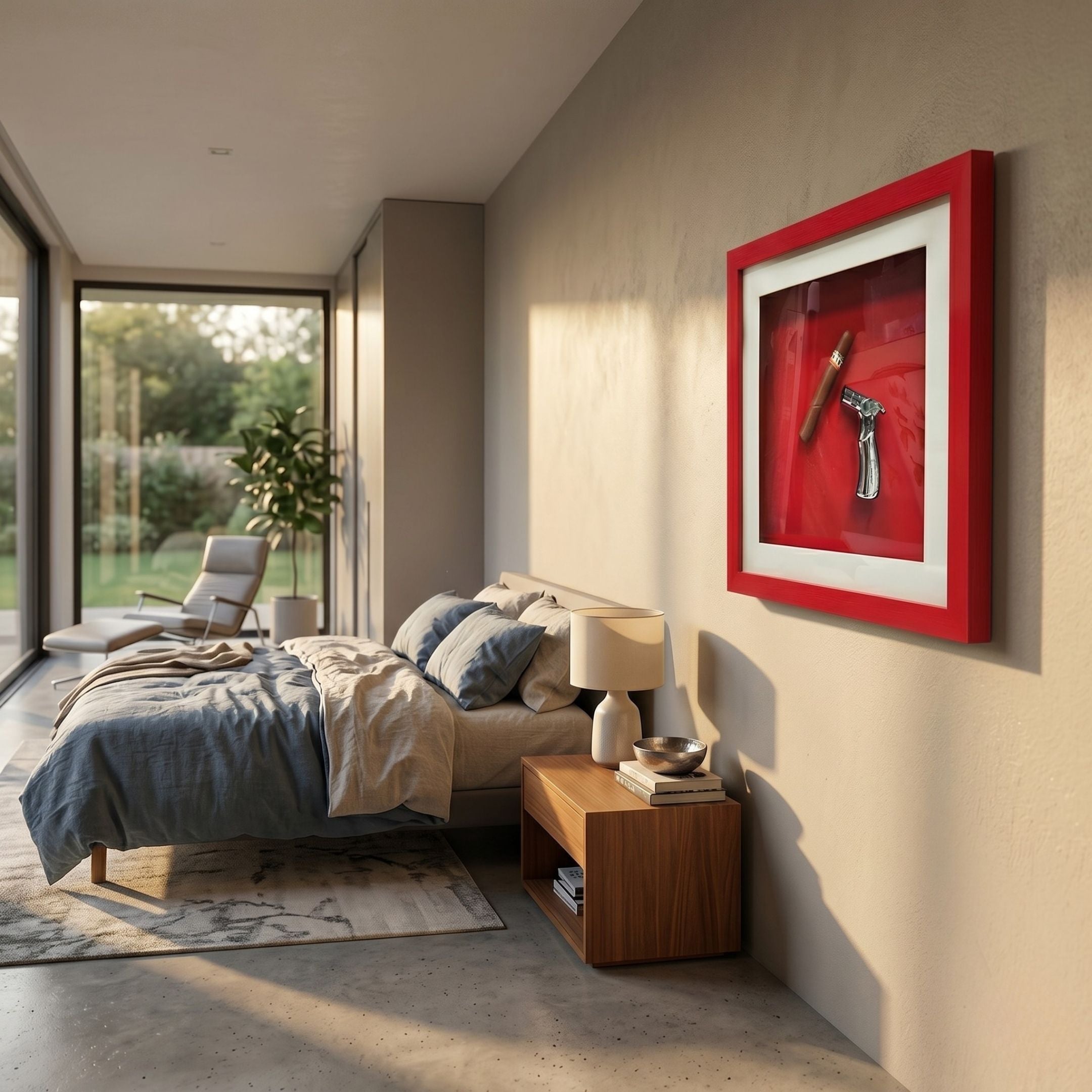 A modern bedroom with a neatly made bed, a wooden nightstand with a lamp, large sunlit windows, and Cavendro Single Cigar & Torch Lighter Framed Wall Art by Giant Sculptures in a striking red frame on the wall.
