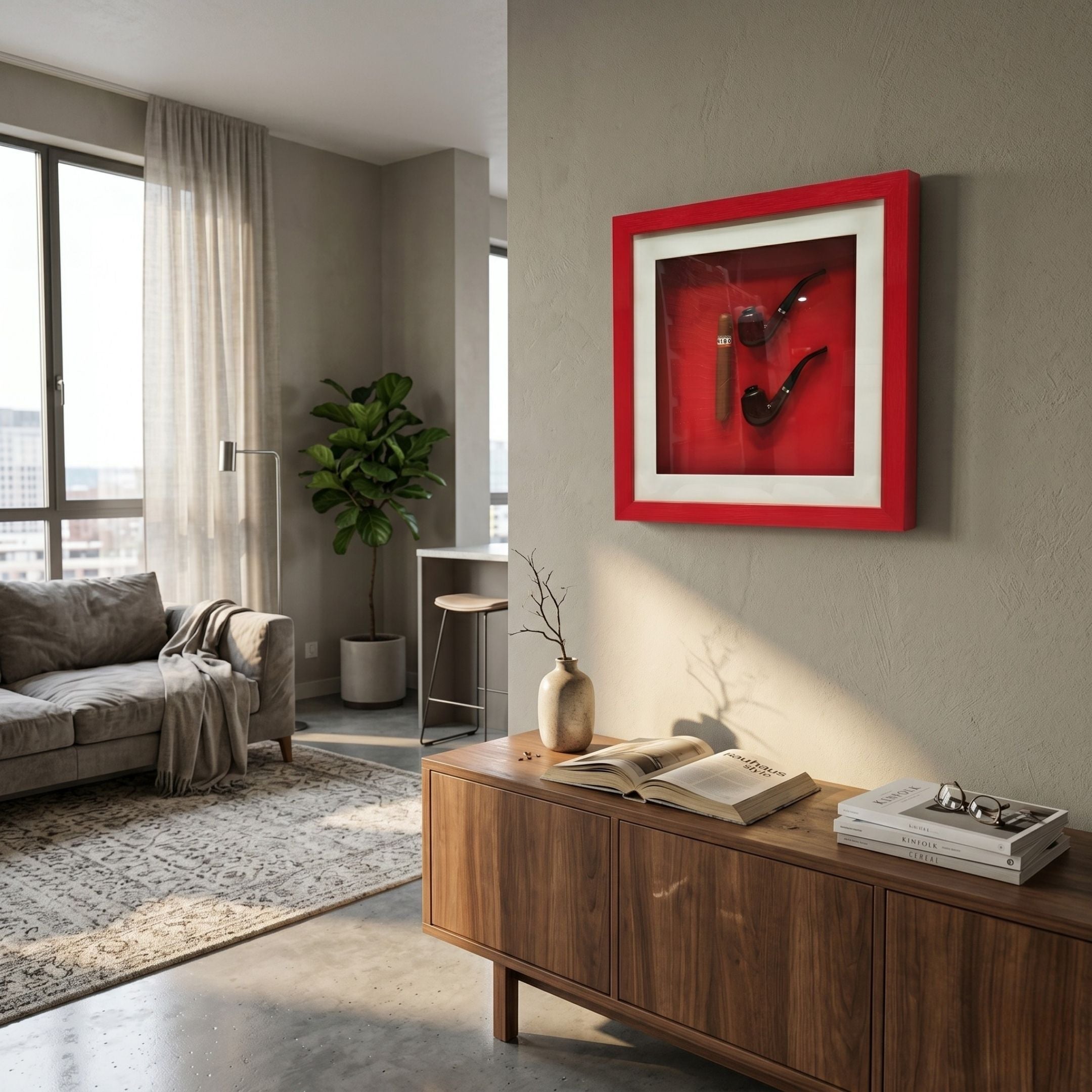 A modern living room with a gray sofa, large windows, a potted plant, and a wooden sideboard with books and a vase. Above the sideboard hangs the Cavendro Twin Pipes & Cigar Framed Wall Art by Giant Sculptures in a bold red frame.