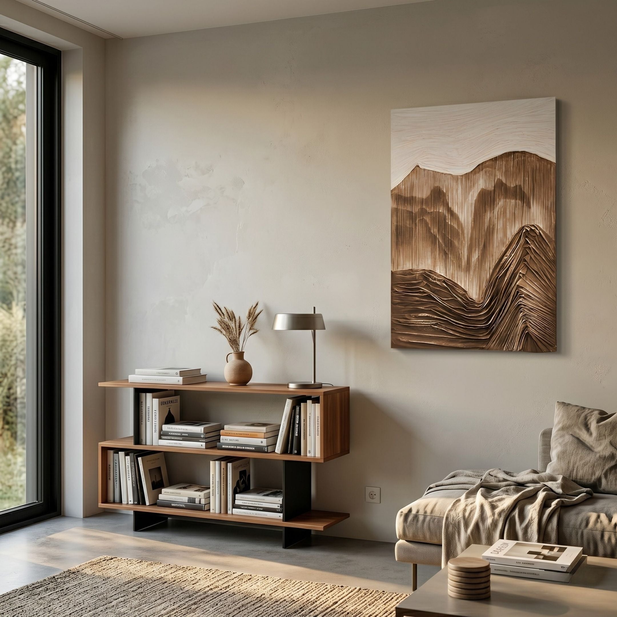 A modern living room features a minimalist bookshelf, neutral decor, a beige sofa with cushions, and a floor lamp. Sunlight from a large window highlights the Terralune Bronze Layered Ridge 3D Wall Art by Giant Sculptures above the sofa.