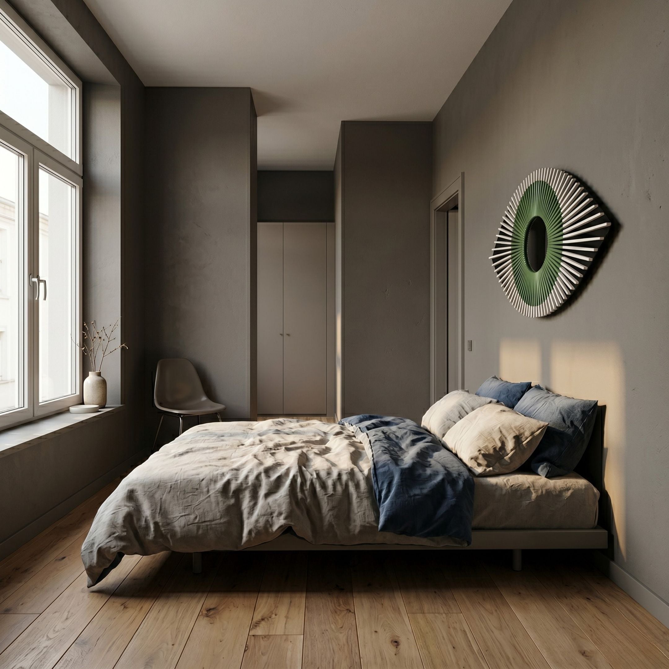 Minimalist bedroom with a low bed, neutral bedding, wooden floor, gray walls, and Aurevion Green Radiant Eye 3D Wall Art by Giant Sculptures as a striking accent. A twig-filled vase sits on the window ledge near a corner chair lit by large windows.