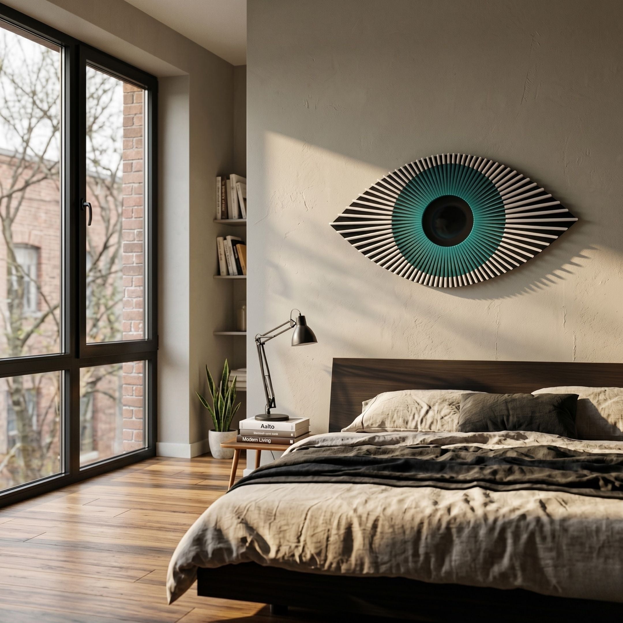 A modern bedroom with large windows, wooden floors, and a low bed features the Giant Sculptures Aurevion Teal Radiant Eye 3D Wall Art above the headboard. Sunlight highlights bookshelves and a desk lamp in the airy space.