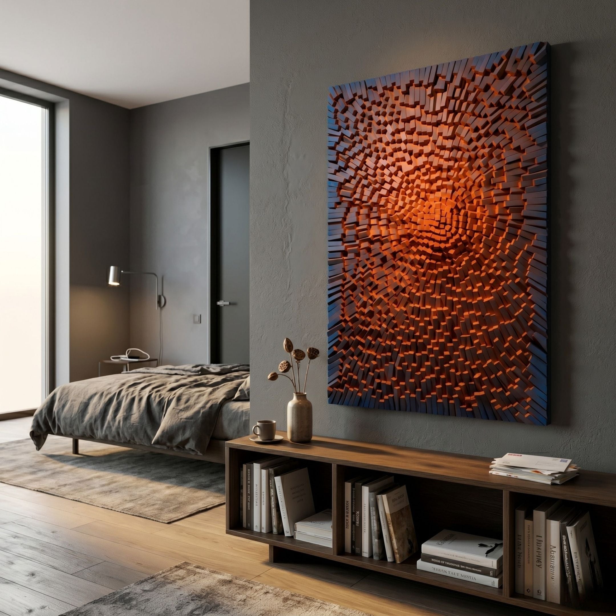A modern bedroom with a gray accent wall showcases the Heliox Ember Radiance Sculptural 3D Wall Art by Giant Sculptures, featuring orange and brown blocks. A cozy bed, bookshelf, and minimalist decor complete this serene contemporary space.