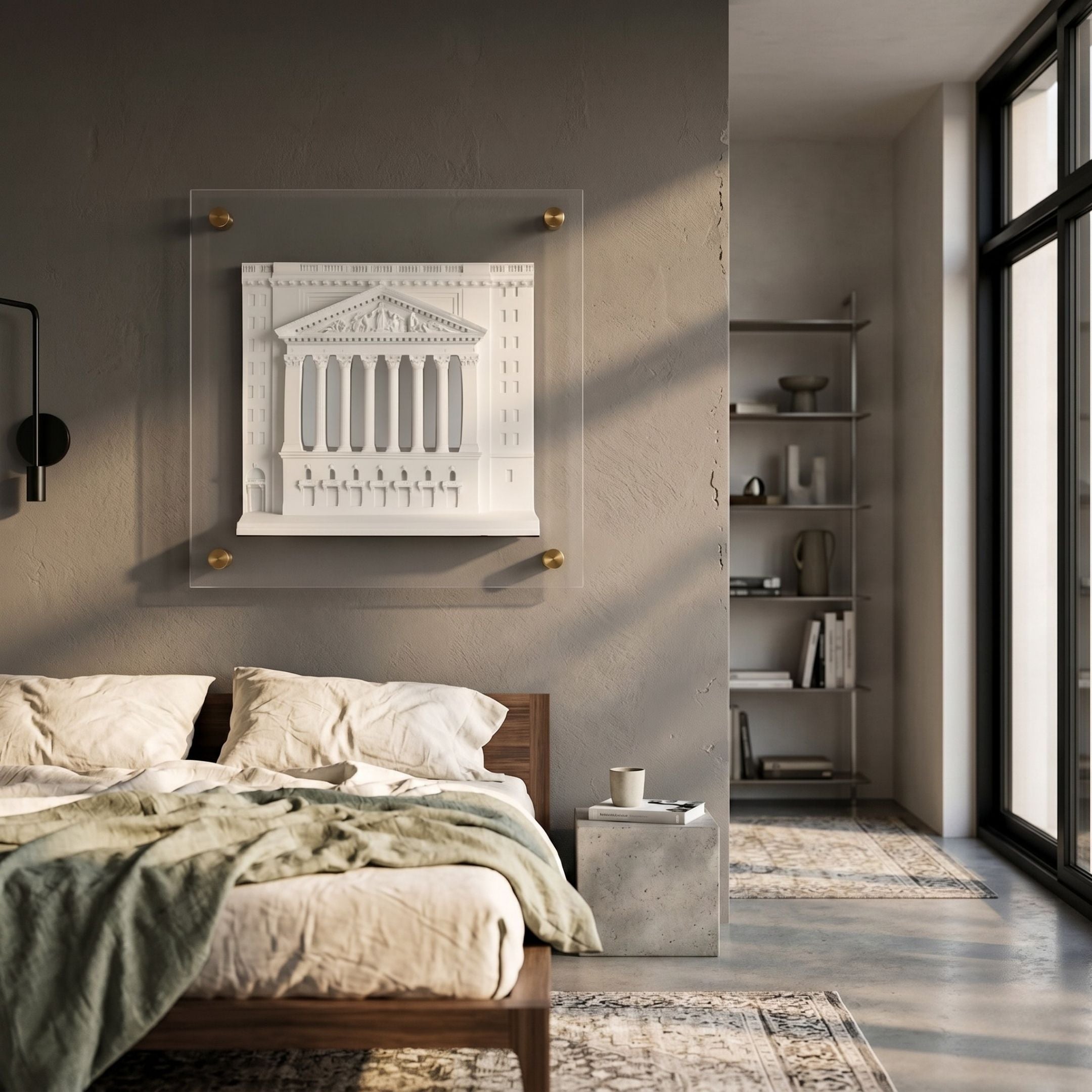 A cozy modern bedroom with an unmade bed, neutral bedding, a concrete nightstand, and the Capitolique White Classical Facade 3D Wall Art by Giant Sculptures. Sunlight streams through tall windows, highlighting a shelving unit with minimalist decor.