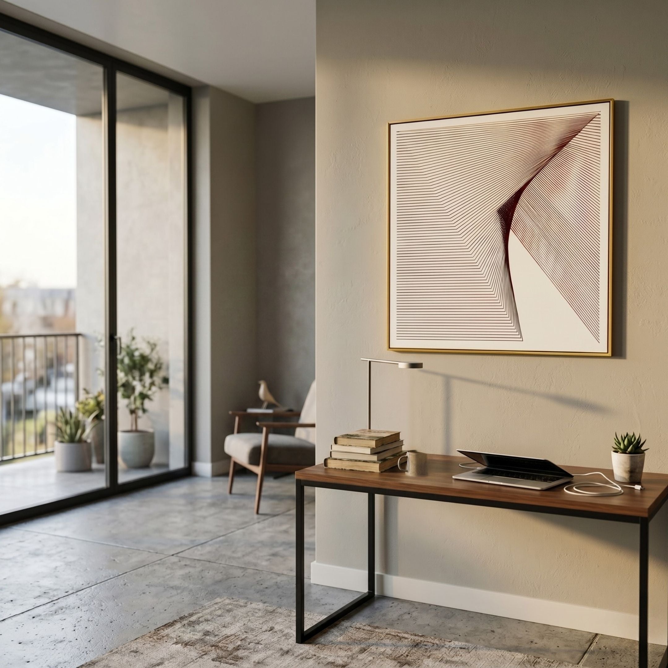 A modern home office with a desk, laptop, books, lamp, and the LineaFlux Maroon Thread Warp Geometric 3D Wall Art by Giant Sculptures framed on the wall. Floor-to-ceiling windows open to a balcony with potted plants and scenic views—ideal for contemporary spaces.