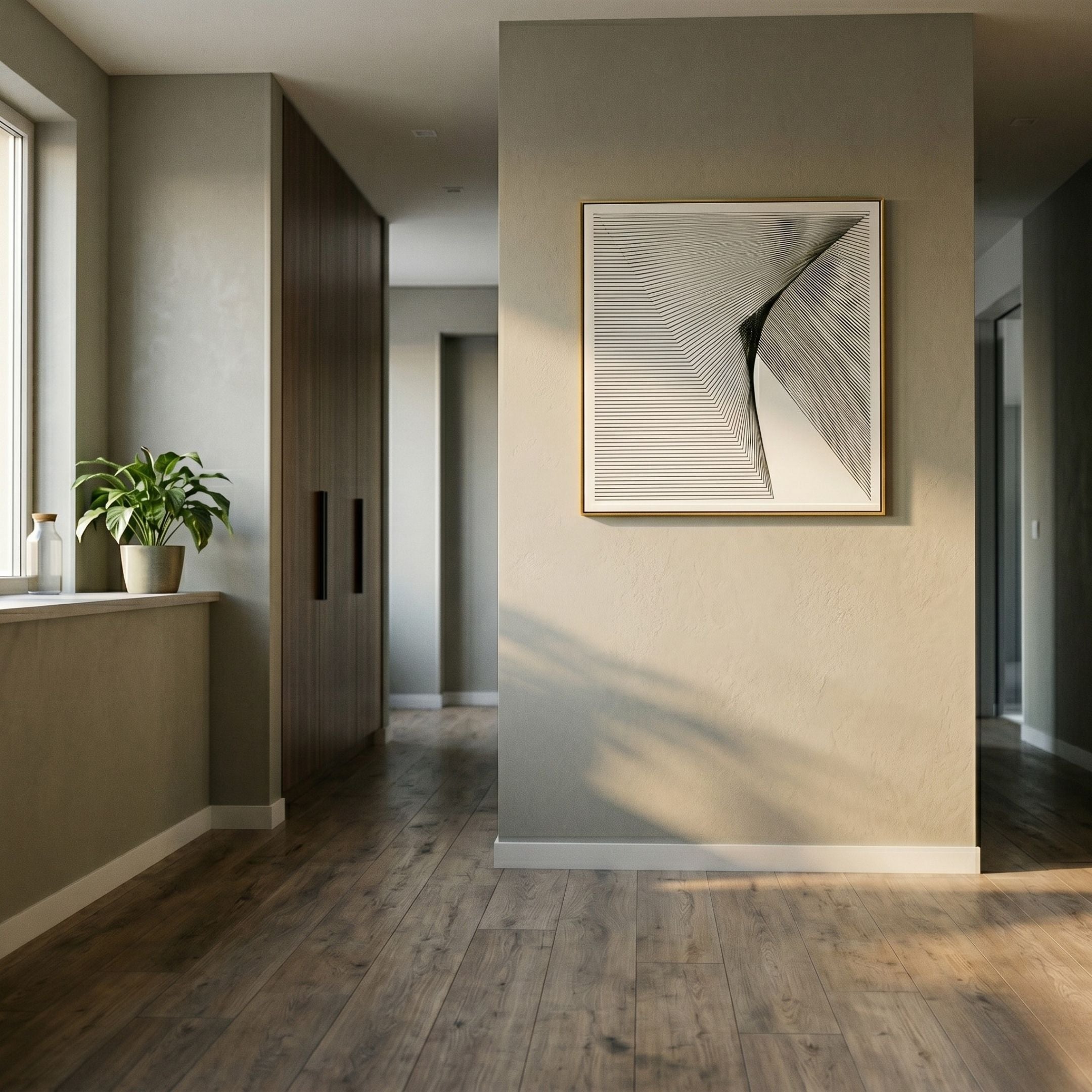 A modern hallway with wooden floors, neutral walls, sunlight streaming through a window, and a potted plant on the sill features the LineaFlux Black Thread Warp Geometric 3D Wall Art by Giant Sculptures as a framed abstract accent.