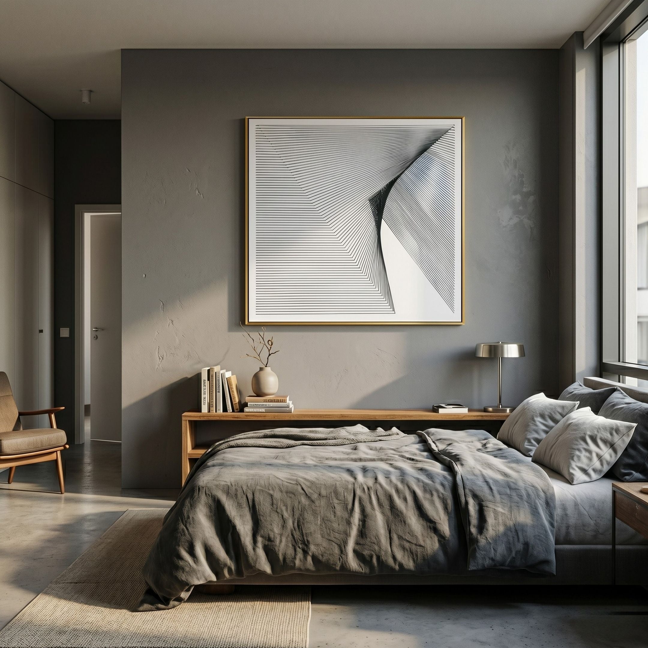 A modern bedroom with gray walls features the LineaFlux Deep Teal Thread Warp Geometric 3D Wall Art by Giant Sculptures above a wooden bed with gray bedding. A wooden nightstand holds books, a lamp, and a vase by the sunlit window.
