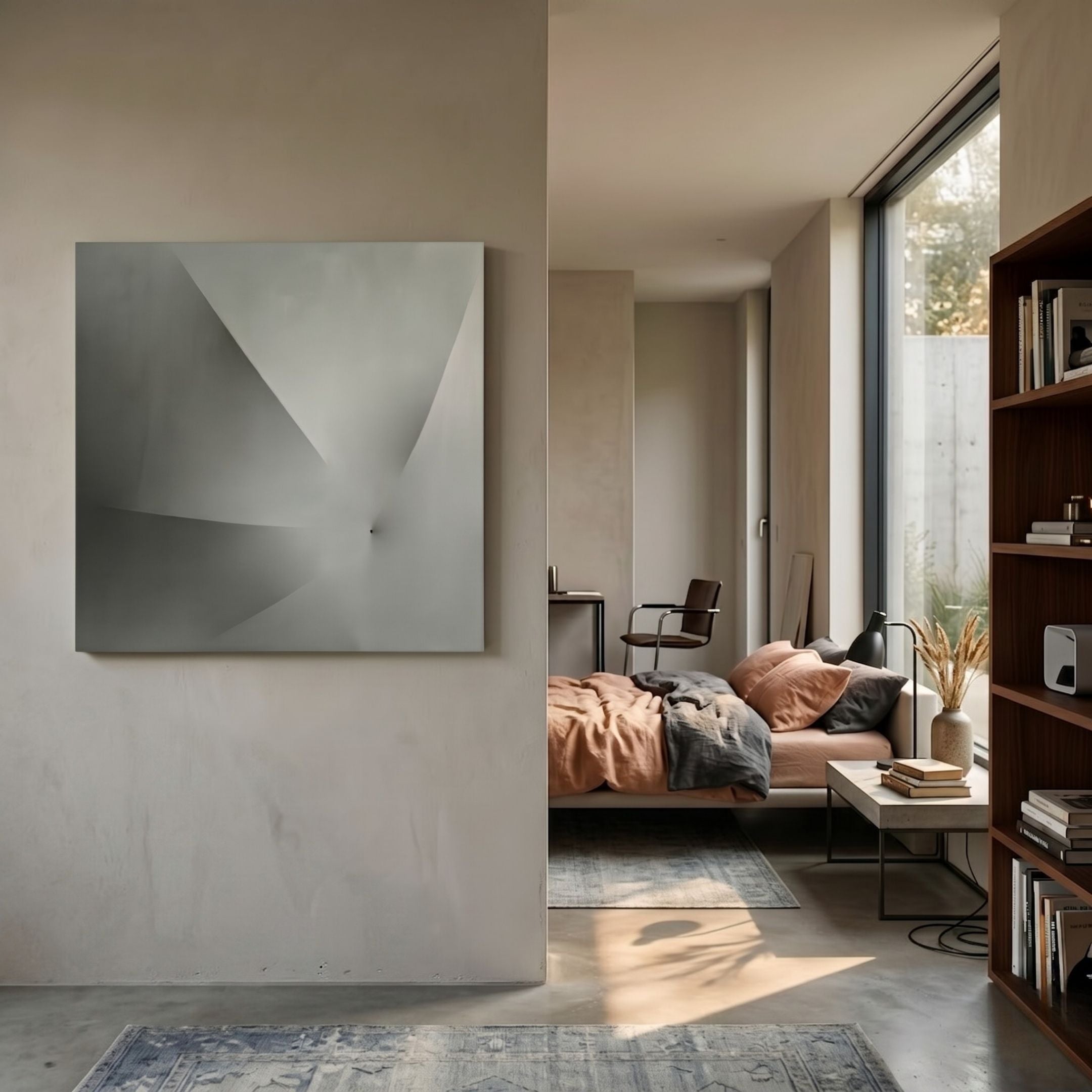 A modern bedroom showcases the Veylora Mist Silver Folded Texture Fabric 3D Wall Art by Giant Sculptures on a beige wall, with a brown-bedded bed, desk and chair, large sunlit windows, and a wooden bookshelf with assorted items.