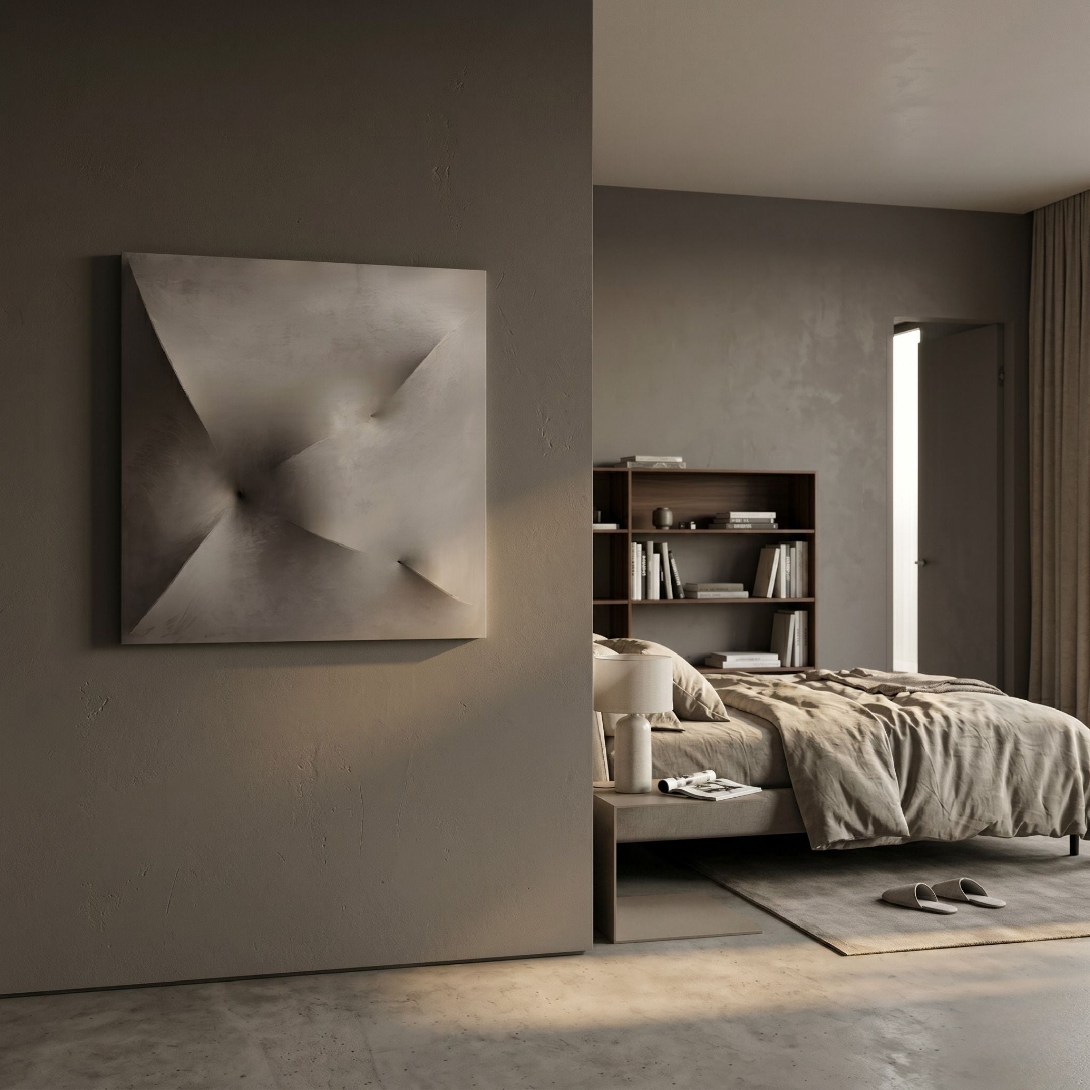 A modern, minimalist bedroom with neutral tones features Giant Sculptures’ Veylora Stone Grey Folded Texture Fabric 3D Wall Art, a low bed with rumpled linens, a wooden bookshelf, and soft natural light through a narrow window.
