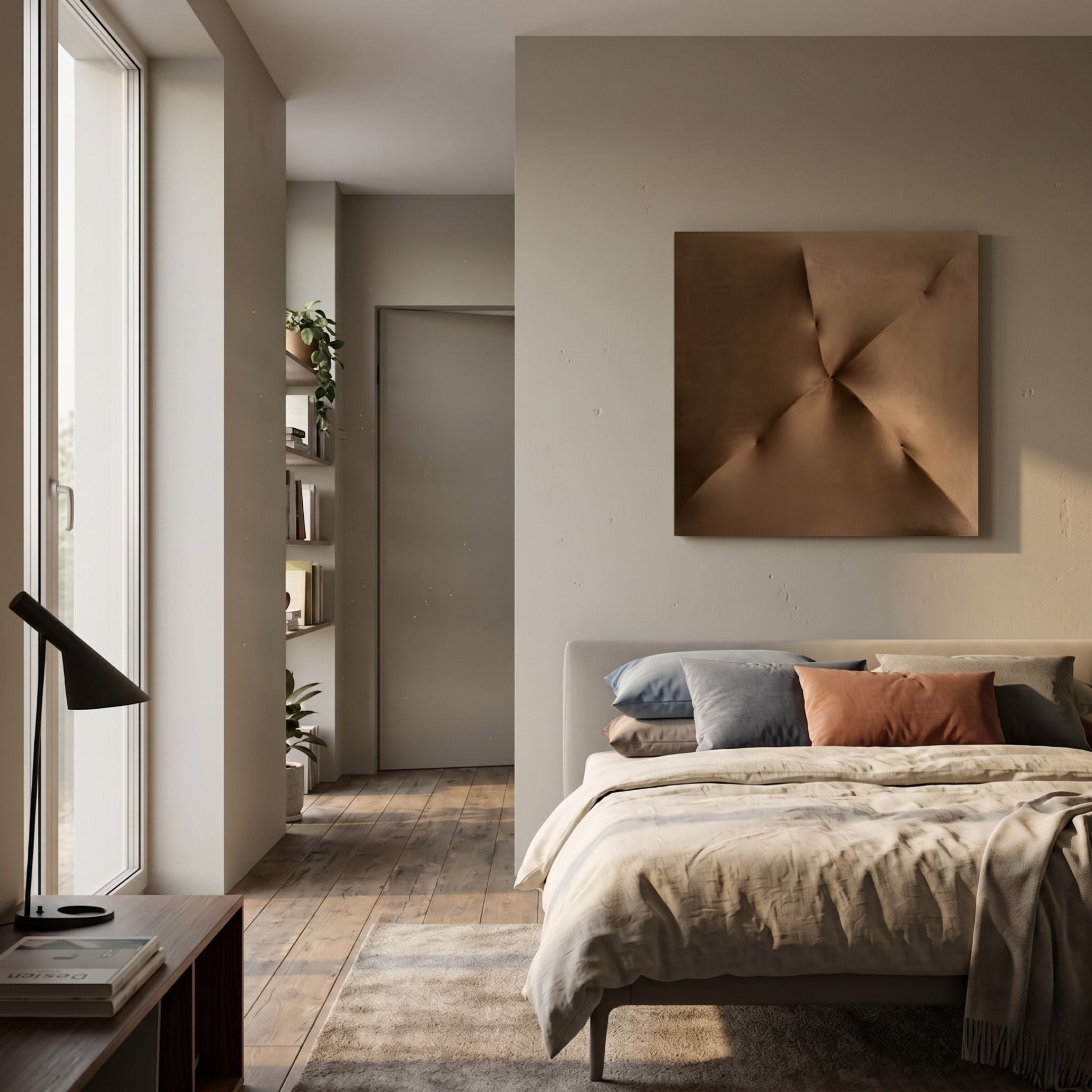 A modern, sunlit bedroom with a neatly made bed, pastel pillows, wooden floors, and shelves of books and plants, featuring Giant Sculptures' Veylora Umber Folded Texture Fabric 3D Wall Art as minimalist decor above the bed.