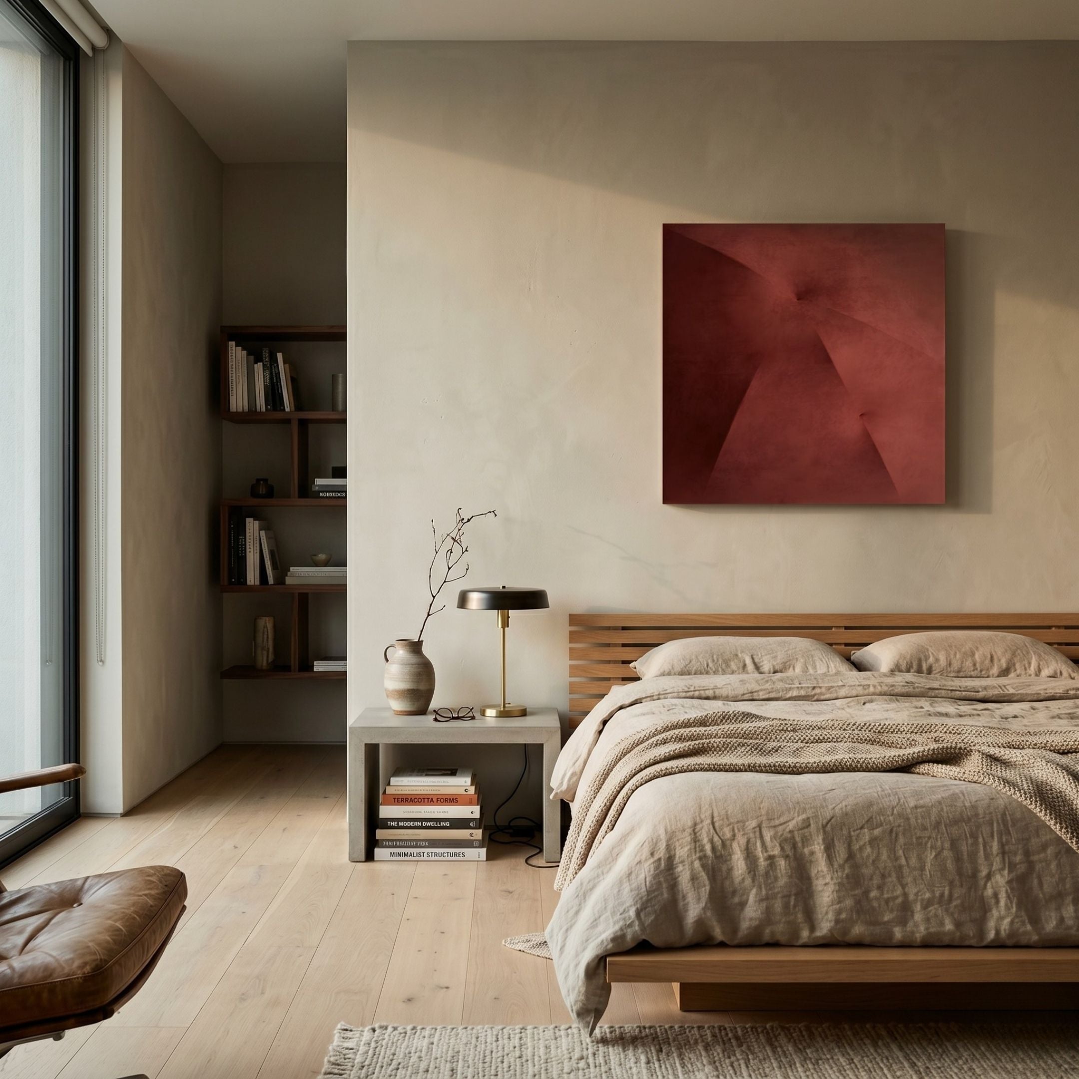 Minimalist bedroom featuring a wooden bed, beige bedding, side table with books and lamp, Veylora Terra Folded Texture Fabric 3D Wall Art by Giant Sculptures above the bed, built-in shelves, large window, and neutral decor.