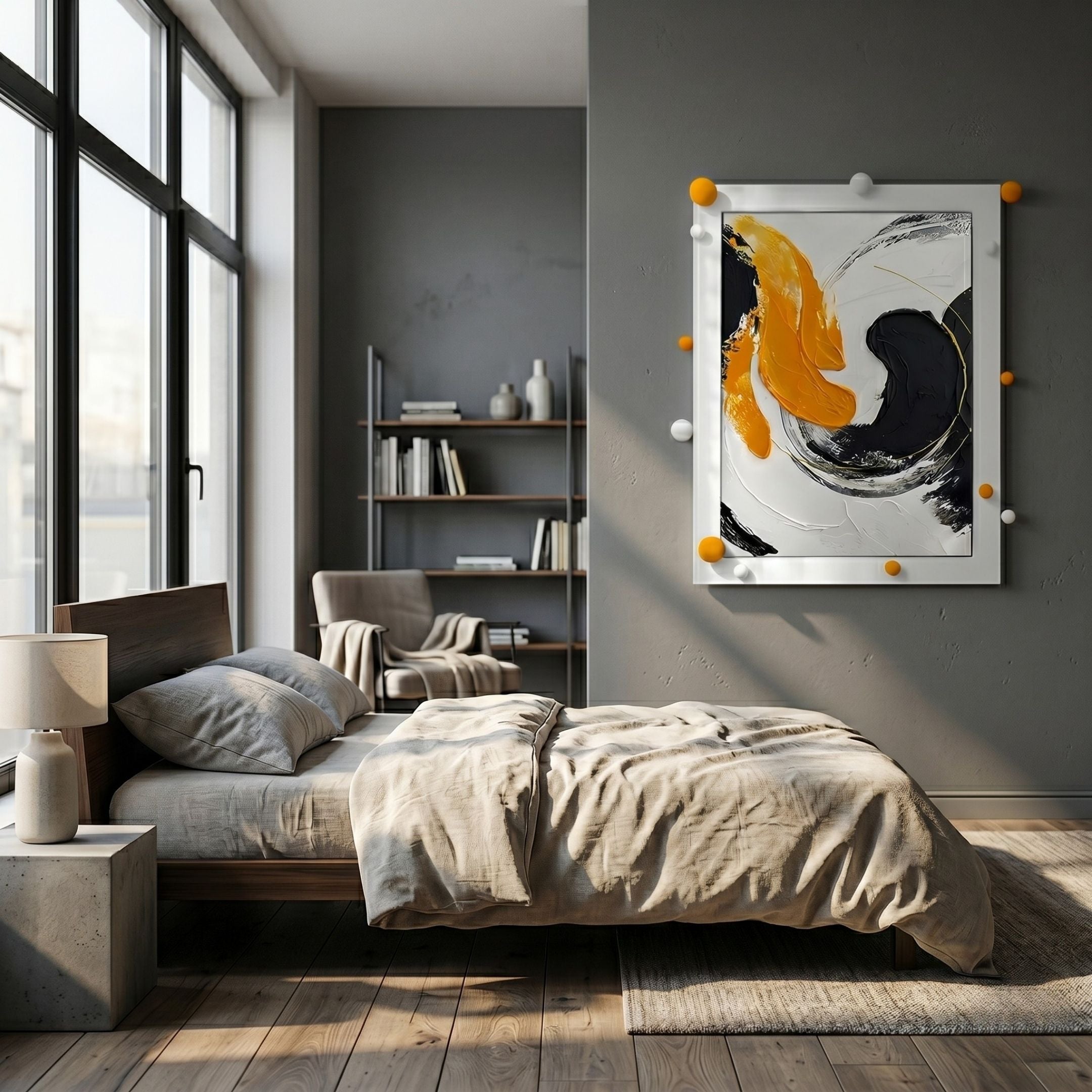 A modern bedroom features a wooden bed with beige bedding, a lamp on a concrete nightstand, large windows, bookshelf, armchair, and the Vivexa Yellow & Black Swirl Motion Abstract 3D Wall Art by Giant Sculptures—ideal for stylish living spaces.
