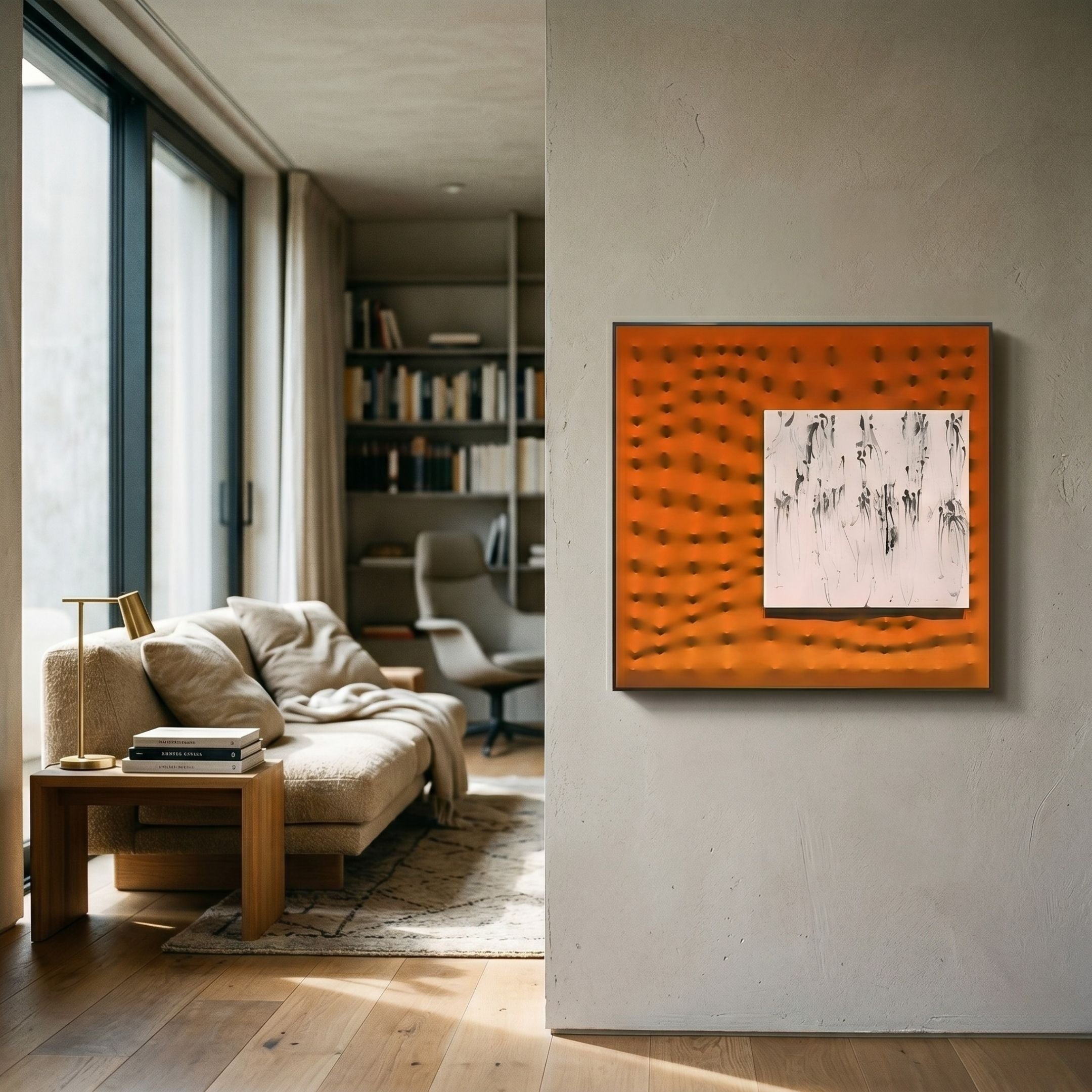 A modern living room with a beige sofa, blanket, and small table is separated by a wall showcasing the Loftera Orange Sculpted Fabric & Abstract Canvas 3D Wall Art by Giant Sculptures; shelves and a desk with chair appear in the background.