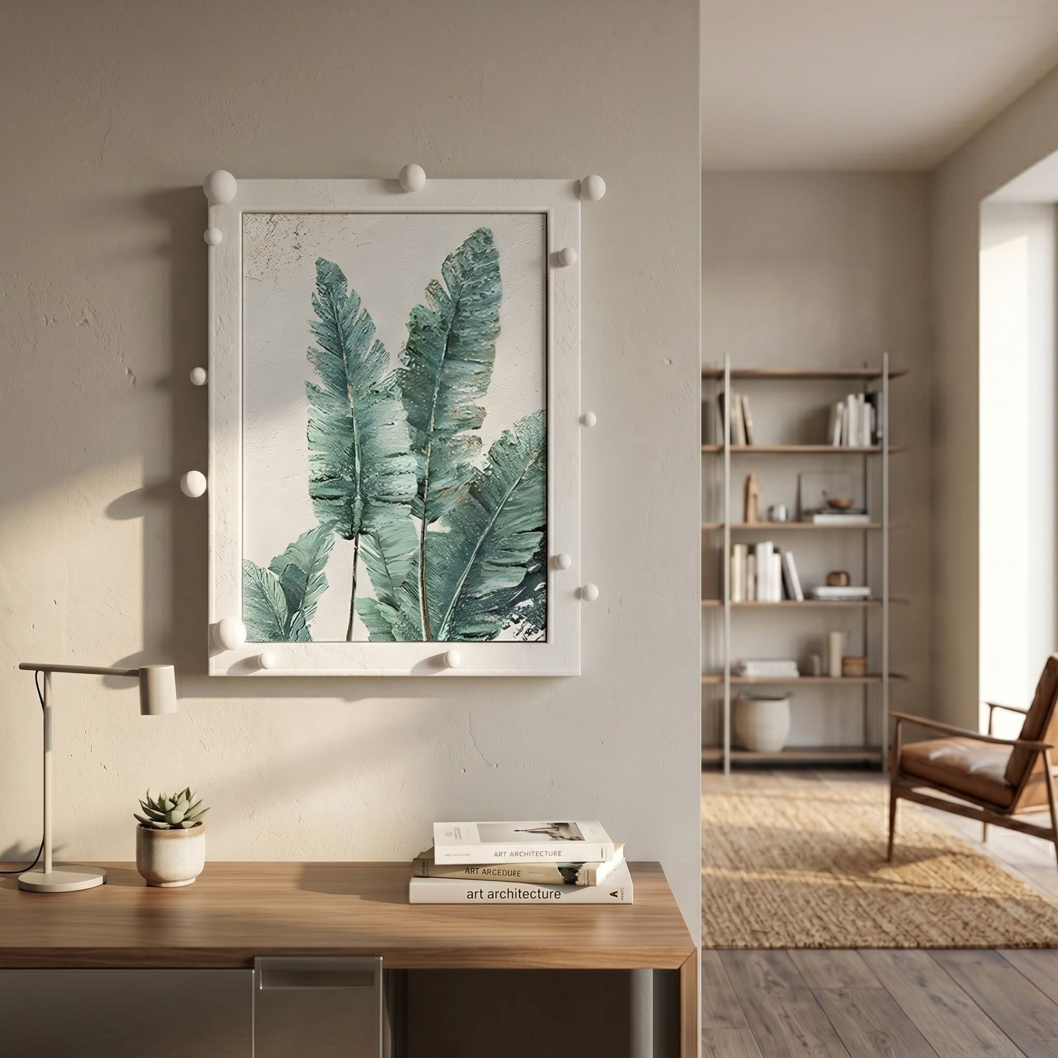 A modern room features a wooden desk, lamp, and books in front, with Giant Sculptures' Verdantia II Green Palm Leaf Textured 3D Wall Art as stylish botanical decor. Sunlit shelves and a chair appear in the background.