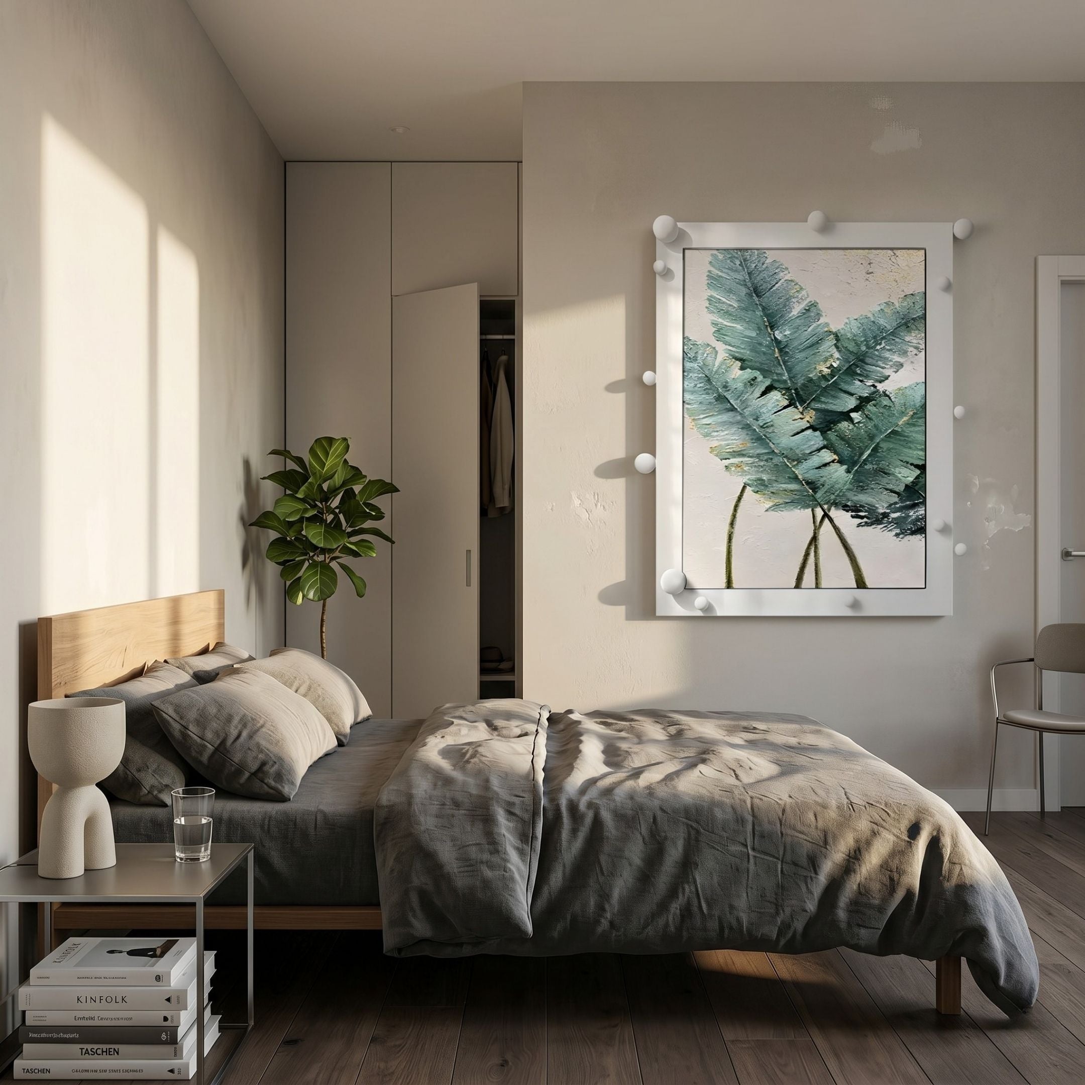 A modern, minimalist bedroom features a wooden bed with gray bedding, a side table holding books and a lamp, a large leafy plant, and Giant Sculptures' Verdantia I Green Palm Leaf Textured 3D Wall Art above the bed. Sunlight highlights the botanical decor.