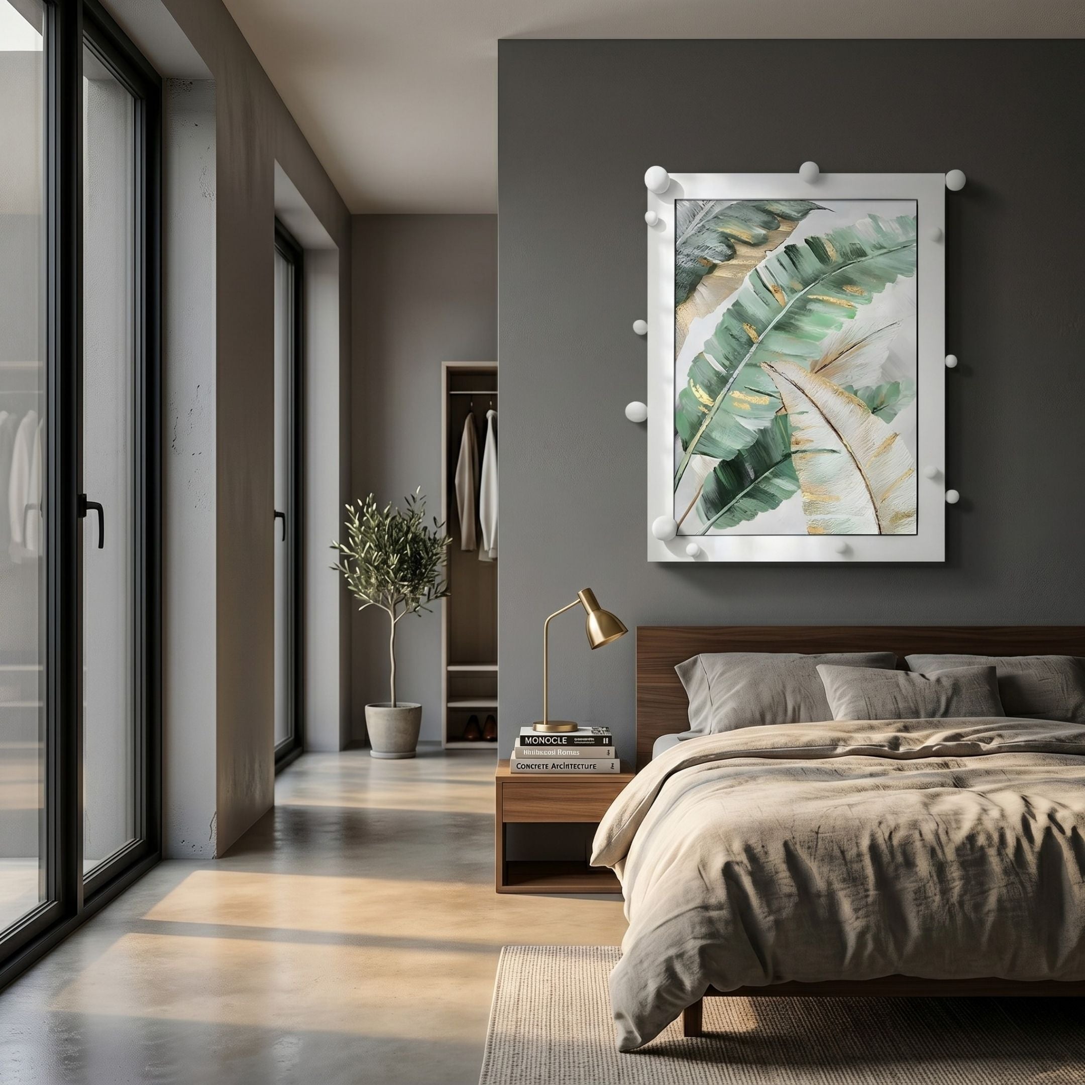 A modern bedroom featuring a neatly made bed, wooden nightstand, gold lamp, Giant Sculptures’ Verdantia I Green & Gold Leaf Textured 3D Wall Art on a gray wall, floor-to-ceiling windows, and a potted plant beside an open closet.