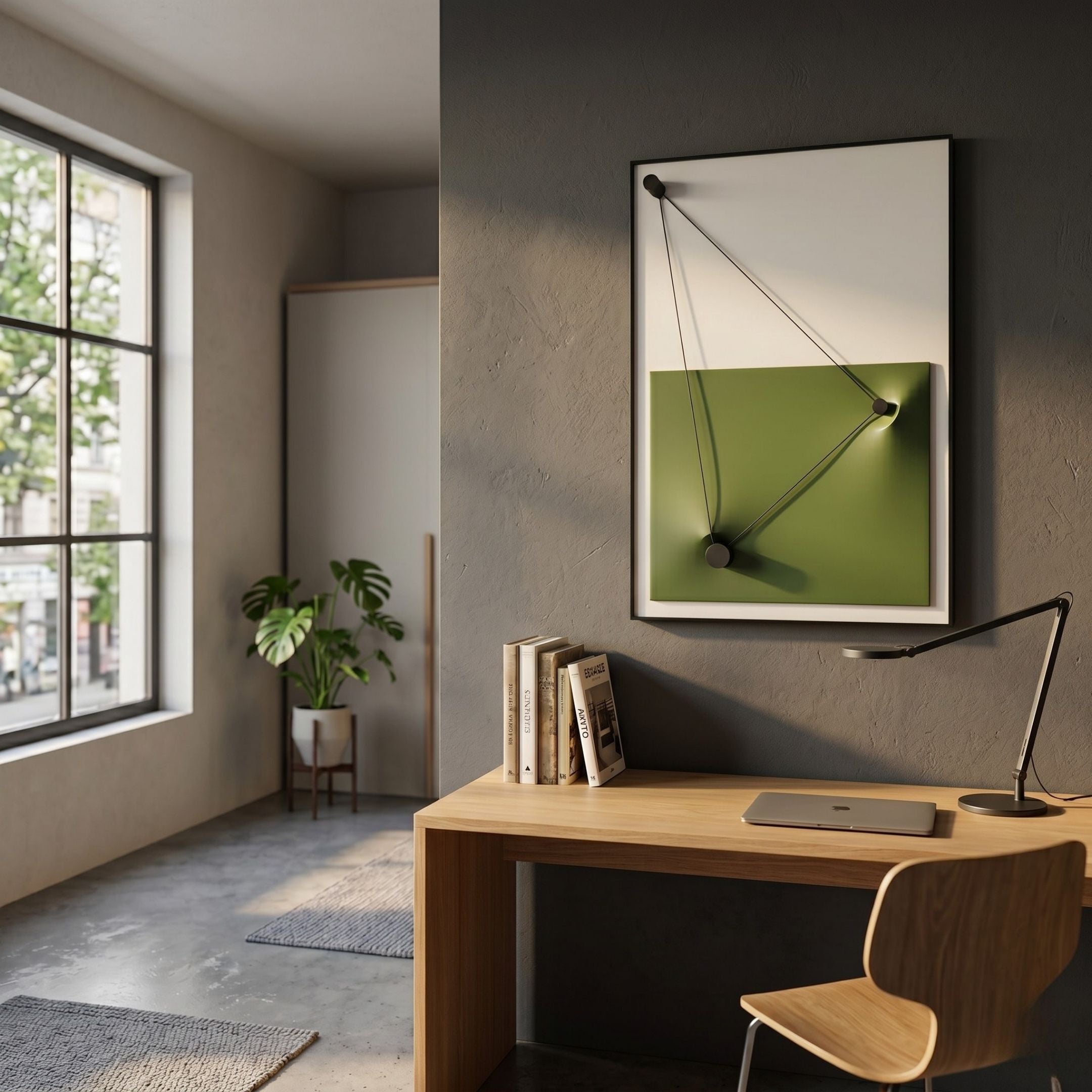 A modern home office with a wooden desk, laptop, books, lamp, chair, potted plant, and large window. Above the desk hangs the Linexis Green Geometric Linework 3D Wall Art by Giant Sculptures. Natural light fills the space.