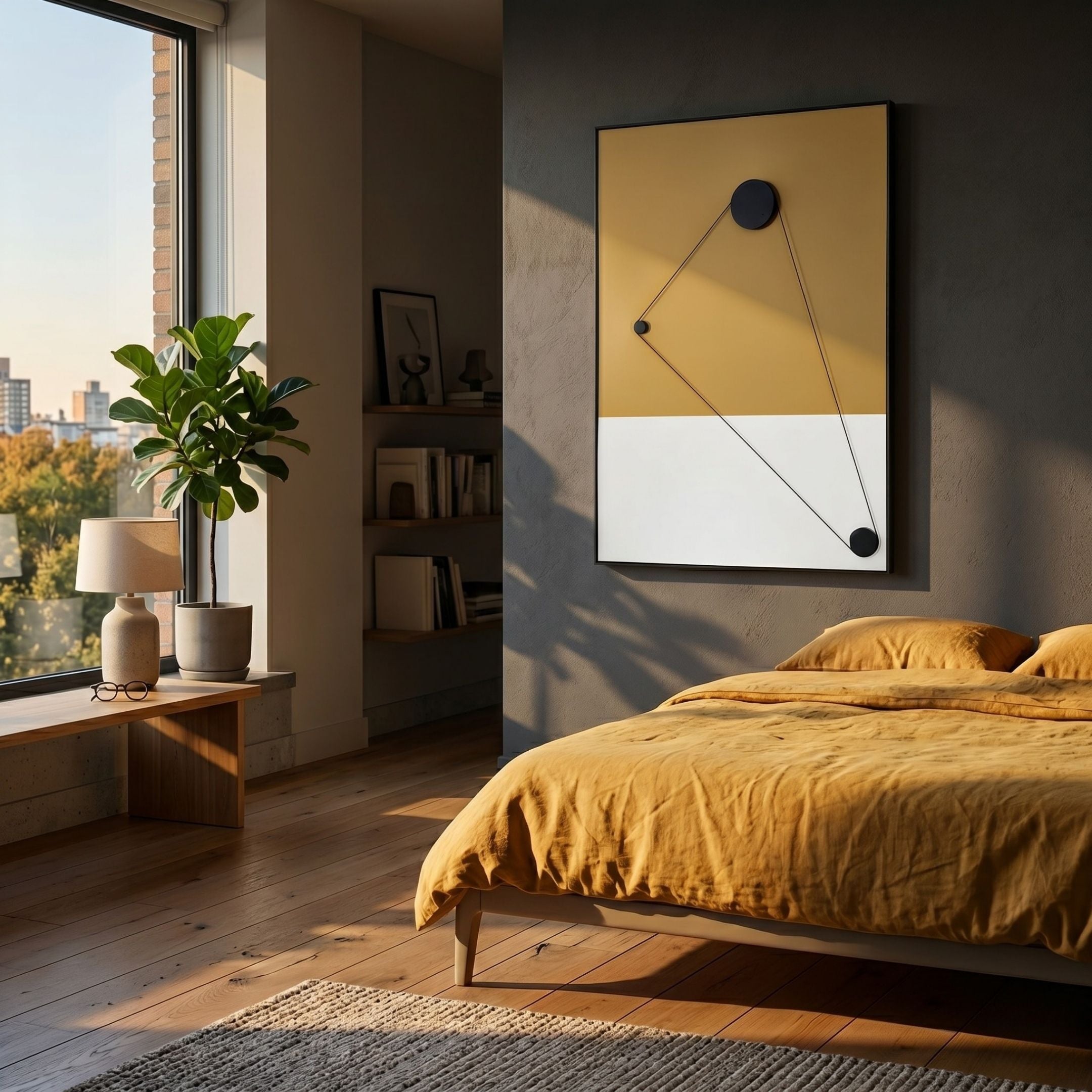 A modern bedroom with a large window, a bed in mustard yellow bedding, and a potted plant features Giant Sculptures’ Linexis Ochre Geometric Linework 3D Wall Art, with sunlight illuminating minimalist decor and wooden floors.