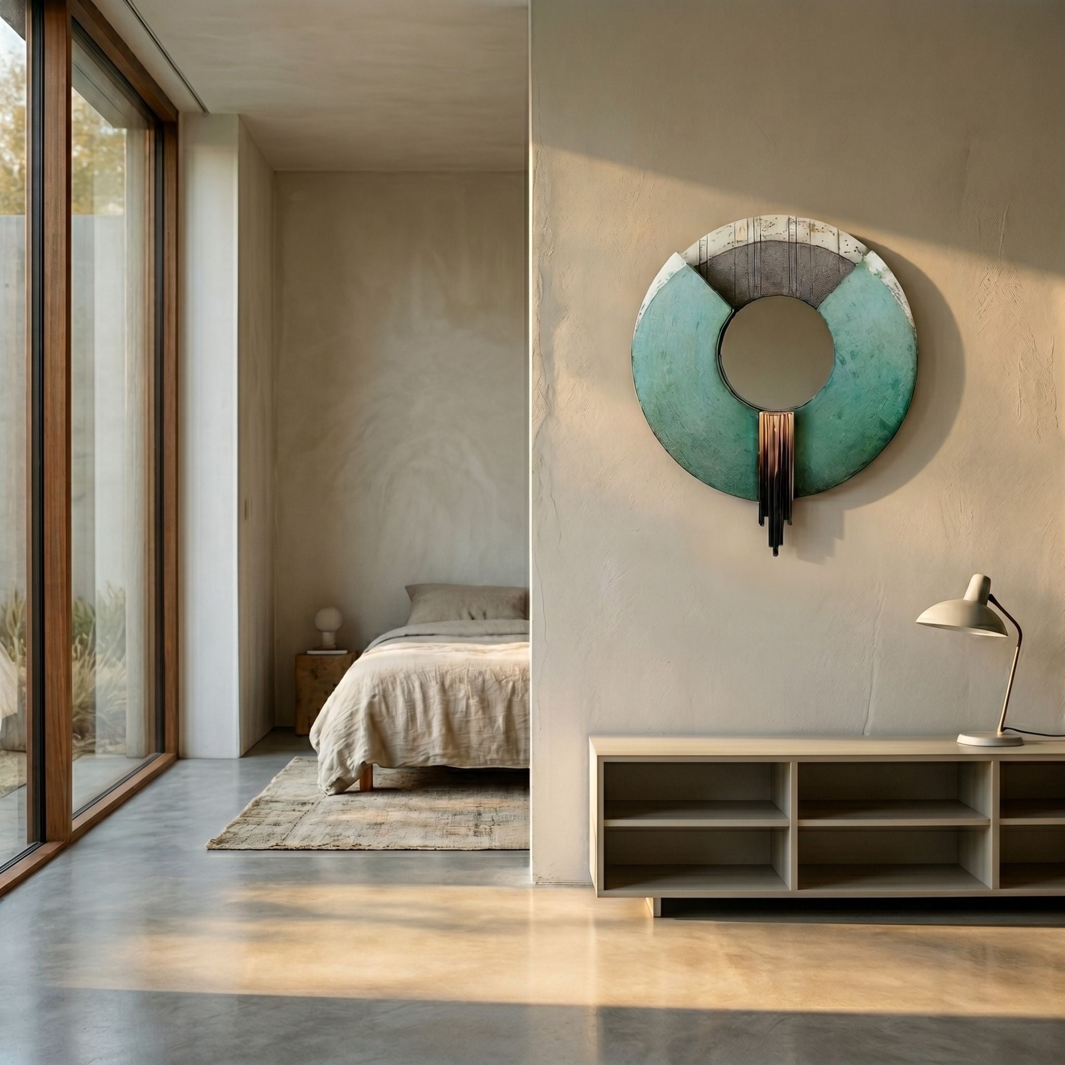 A modern, minimalist bedroom features large windows, a bed with neutral bedding, and a bedside table. Above a low shelf, the Vortaryn Verdigris & Steel Circle 3D Wall Art by Giant Sculptures accents the wall as sunlight streams in for a serene vibe.
