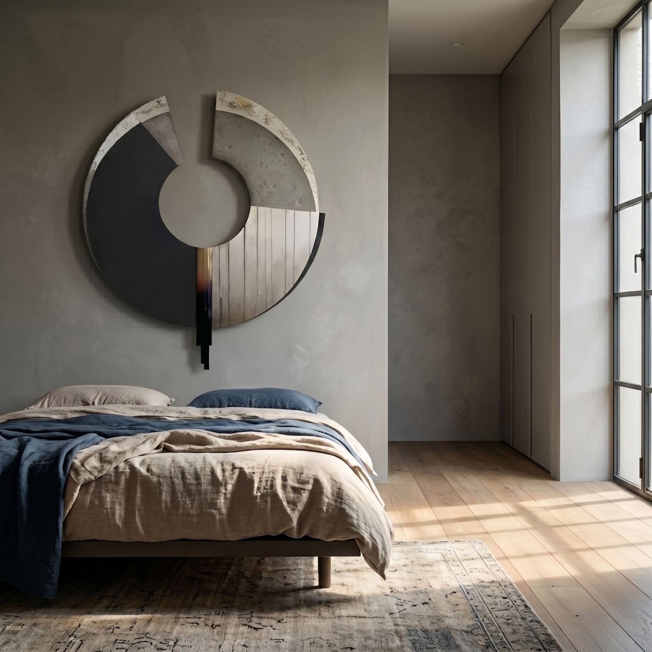 A modern bedroom with a low bed, beige and blue bedding, wooden floors, a patterned rug, sunlight streaming through tall windows, and the Vortaryn Charcoal & Concrete Circle Sculptural 3D Wall Art by Giant Sculptures above the bed.