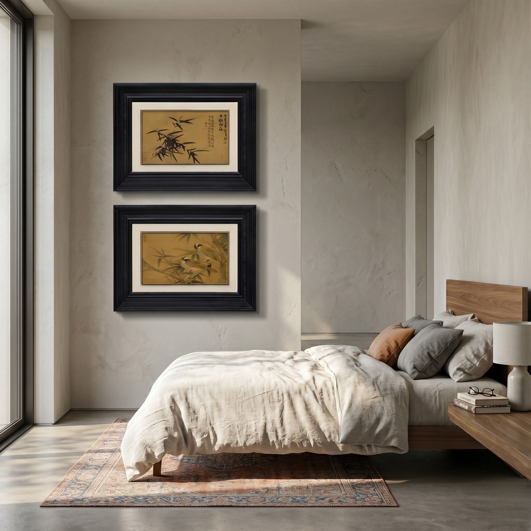 A modern, minimalist bedroom features a wooden bed with white bedding, a rug, and a nightstand with a lamp. Above the bed hang two Kansora Bamboo Brushwork Classic 2-Set Framed Wall Art pieces by Giant Sculptures, adding elegance to the bright space.
