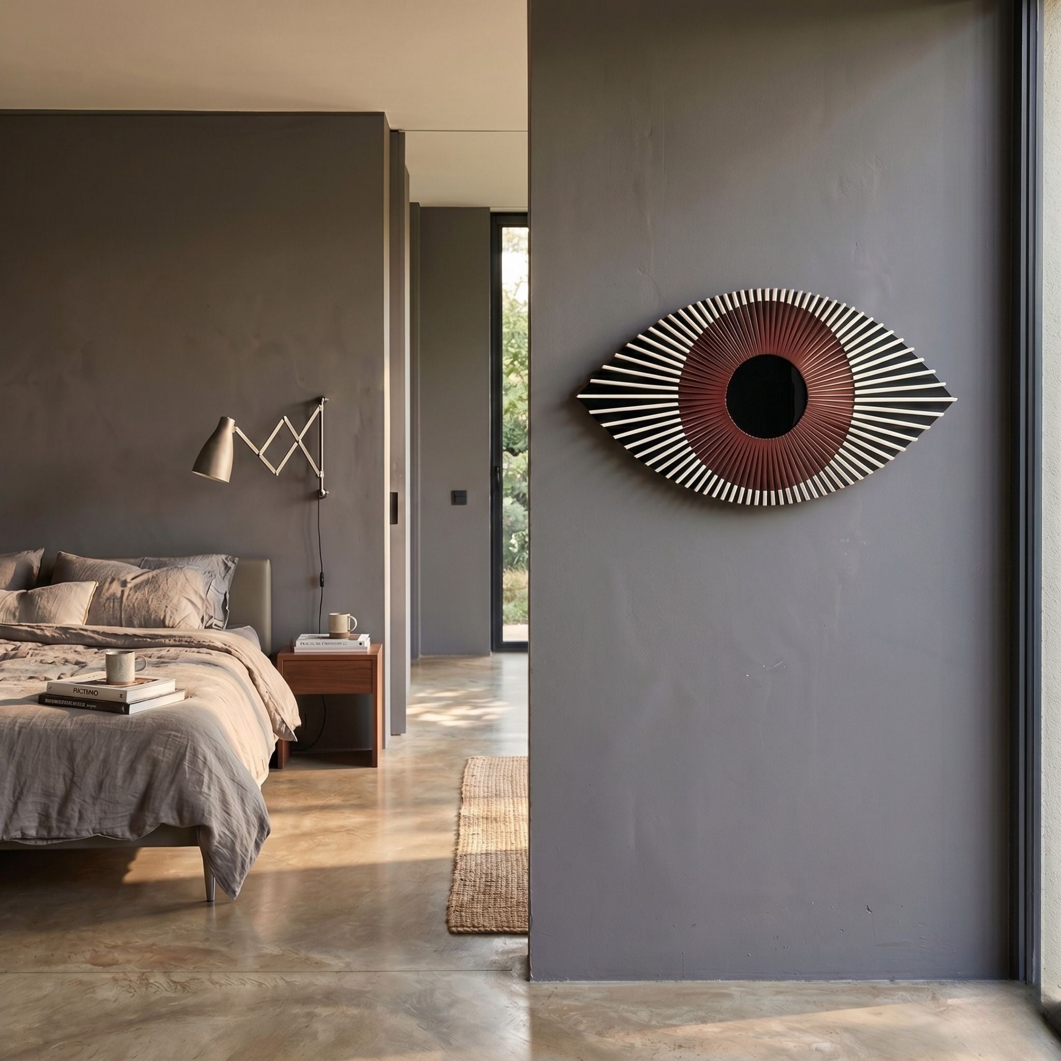 A modern bedroom with gray walls, a neatly made bed, and the Aurevion Maroon Radiant Eye 3D Wall Art by Giant Sculptures above the headboard. Soft natural light enters, enhancing the cozy feel and highlighting this striking contemporary decor piece.