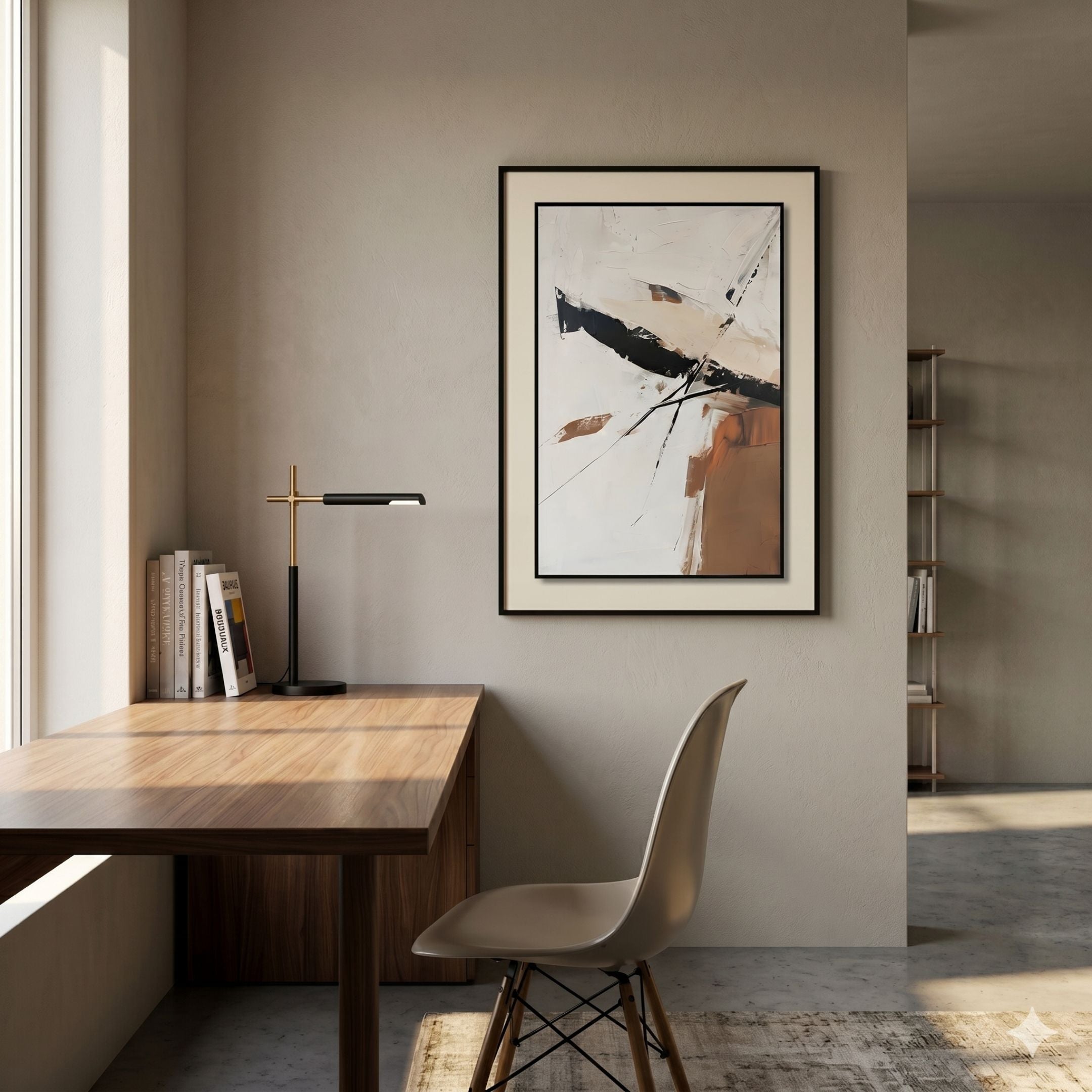 Minimalist workspace featuring a wooden desk, modern beige chair, black desk lamp, books, and the Bravura II Stroke Abstract Framed Canvas Wall Art by Giant Sculptures. Soft natural light creates a calm, organized atmosphere.