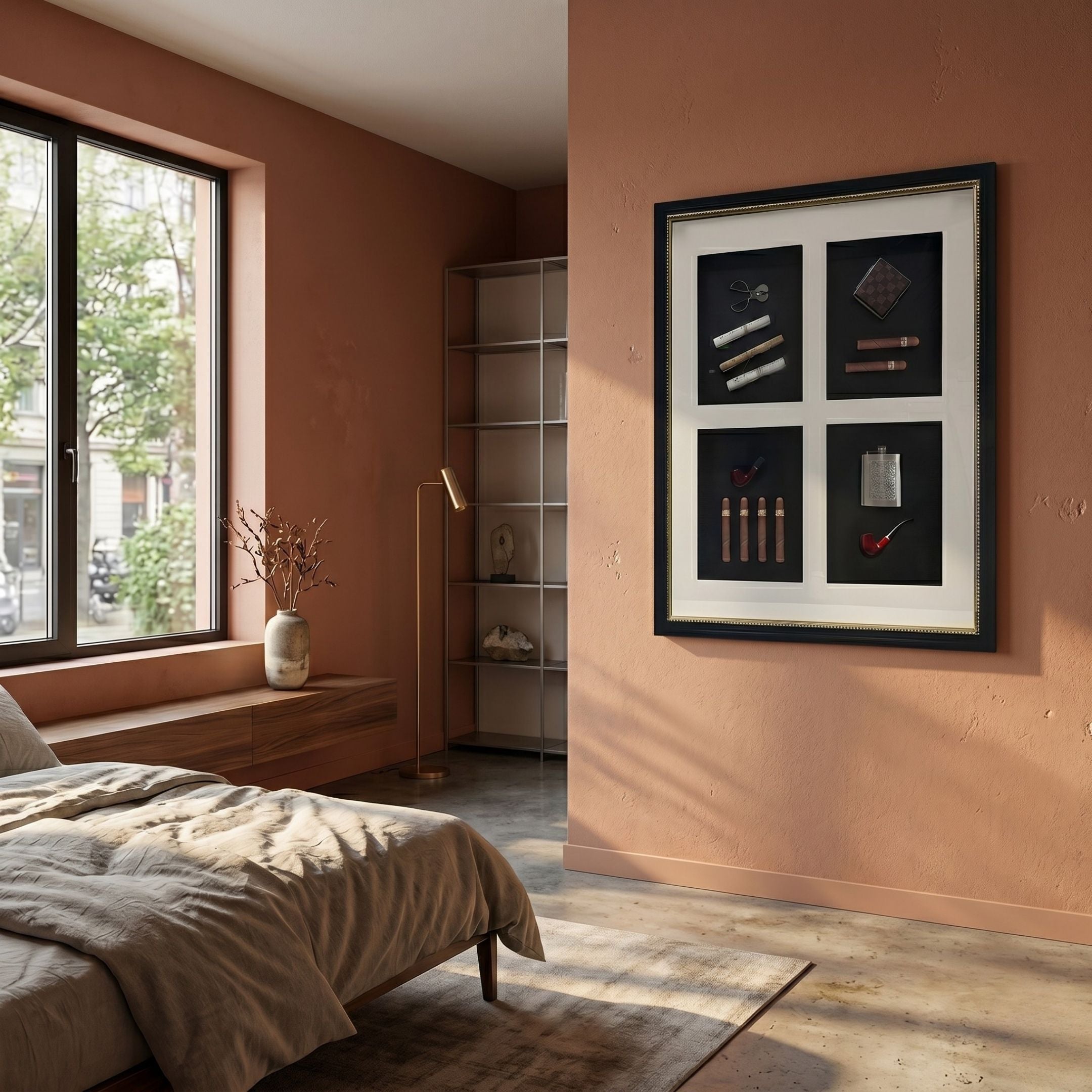A cozy bedroom with earthy-toned walls, a large window, and minimalist décor features the Cavendrix II Gentleman Cigar Set Curated Framed Wall Art by Giant Sculptures above the bed, adding an elegant touch to the serene space.