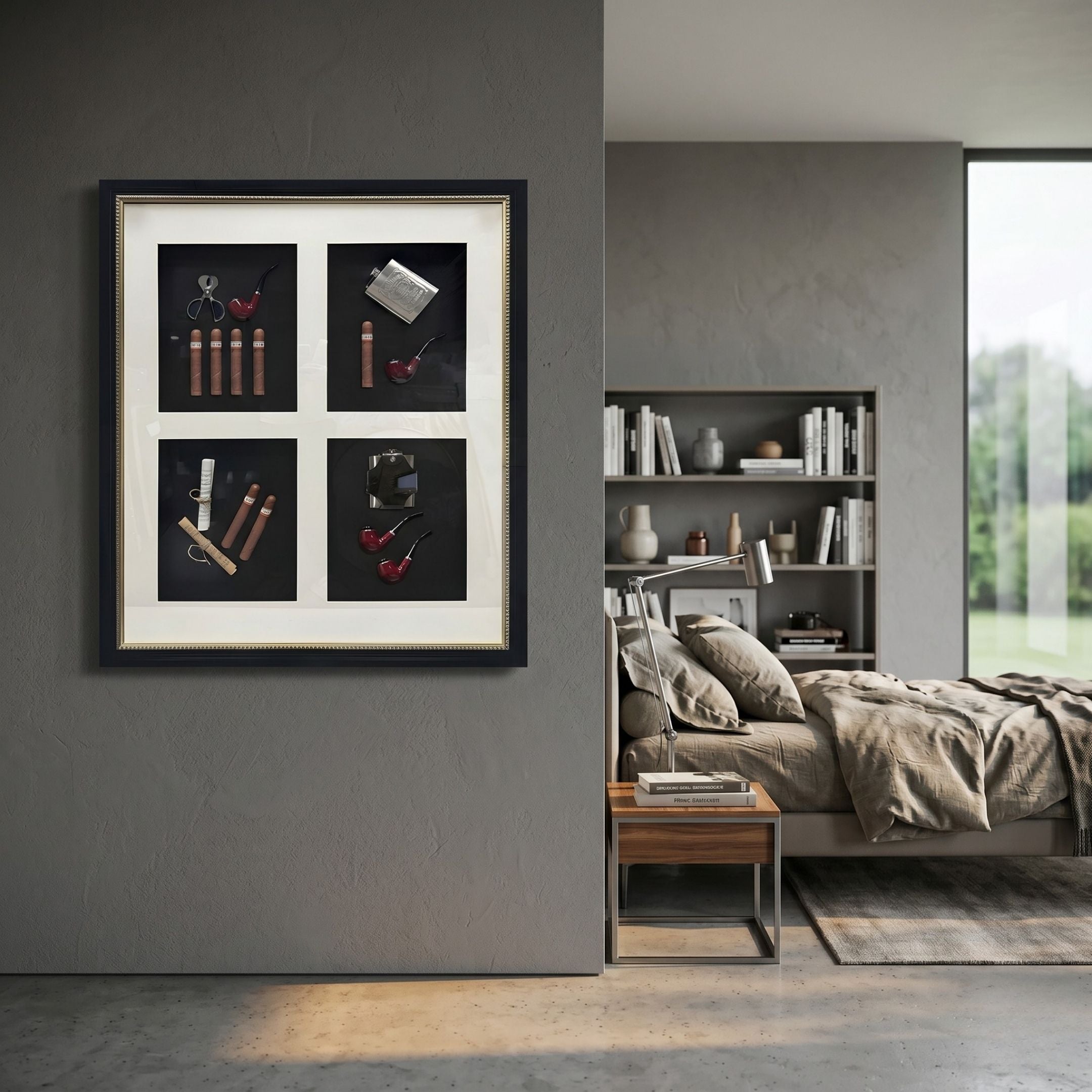 A modern bedroom with gray walls, beige bedding, and a small bedside table features the Cavendrix I Gentleman Cigar Set Curated Framed Wall Art by Giant Sculptures. Shelves with books and decor complete the stylish background.