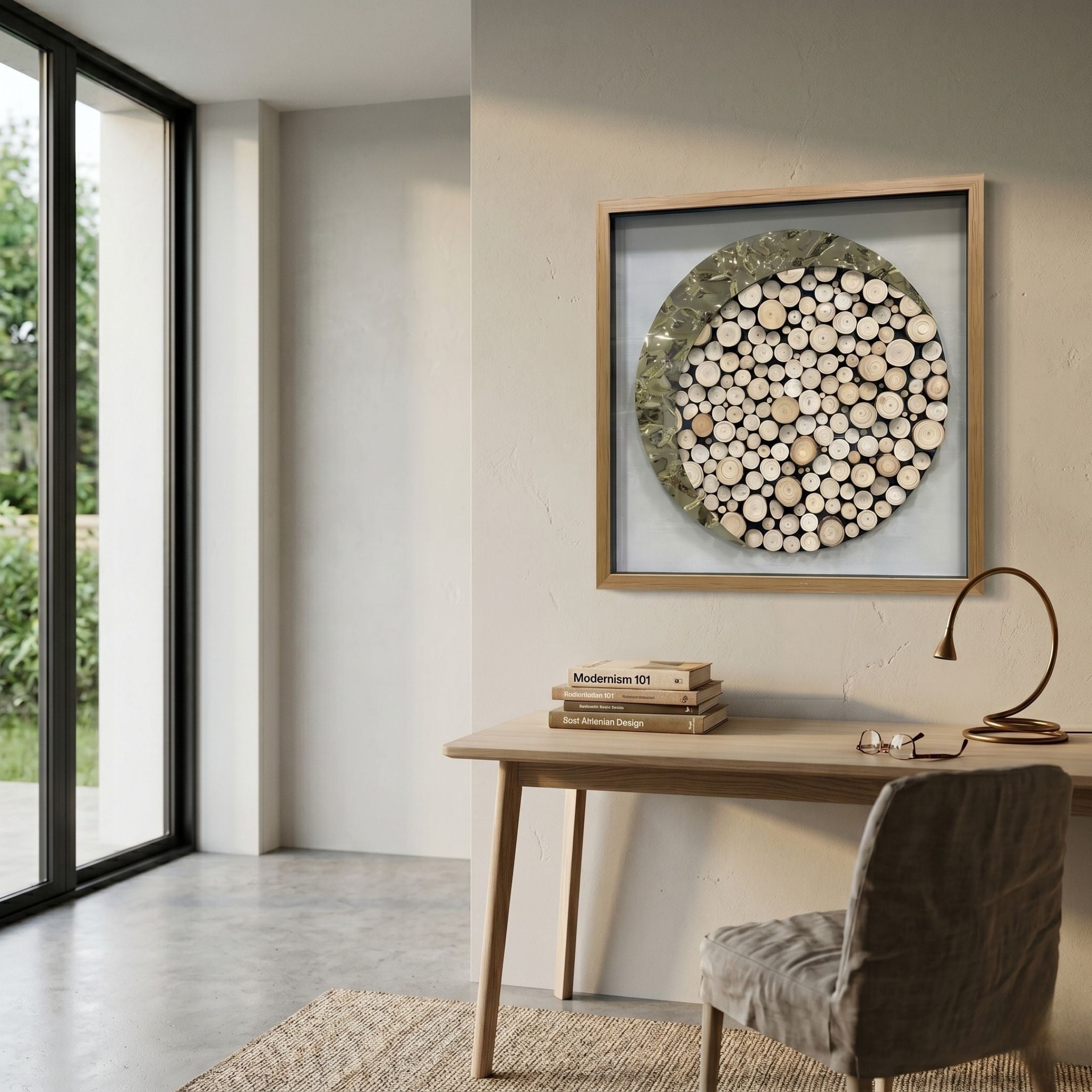 A minimal home office with a wooden desk, books, and a modern lamp features Giant Sculptures' Arborique Golden Crest Steel & Wood Slice 3D Wall Art above the desk. Large windows bring in light, while a textured chair and rug finish the look.