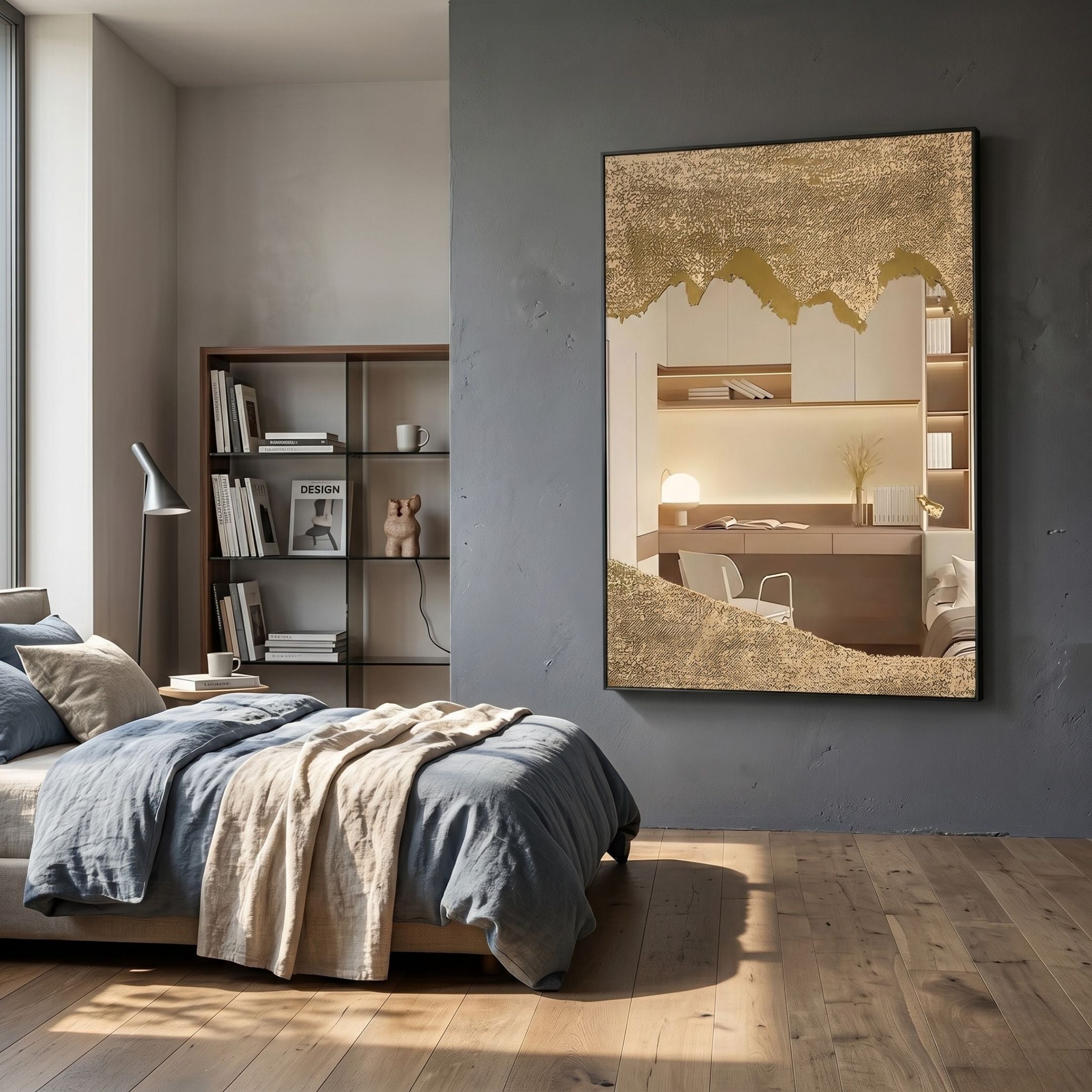 A cozy bedroom with a gray accent wall, large bed with blue and beige bedding, wood floors, a modern bookshelf, floor lamp, and the Auritone Gold Textured Steel Mirrored 3D Wall Art by Giant Sculptures as a bold statement above the bed.