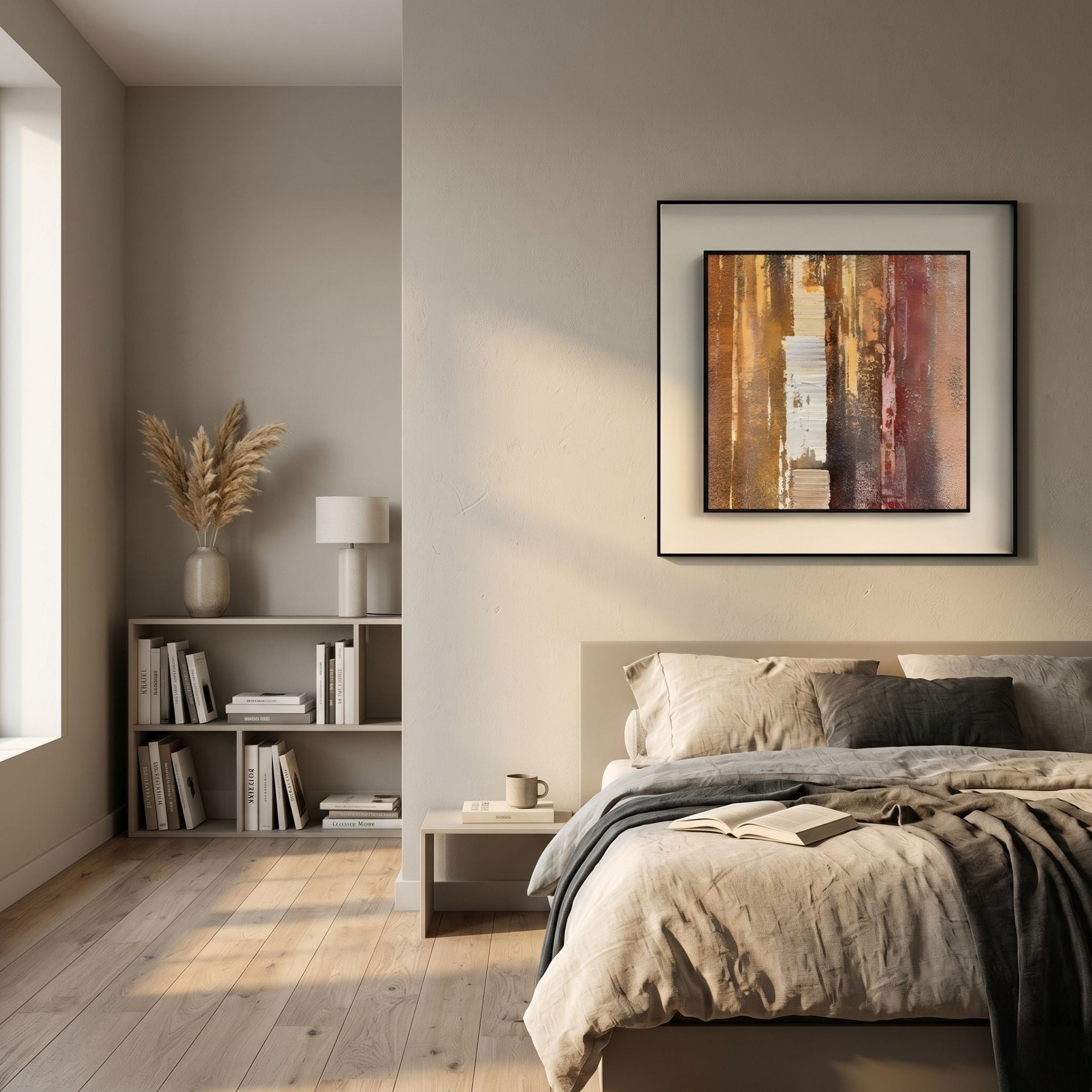 A modern bedroom with a neatly made bed, neutral bedding, a nightstand with a cup and book, sunlight through the window, built-in shelves, and Giant Sculptures’s Terralume Amber Rust Abstract Textured Framed Wall Art above the headboard.
