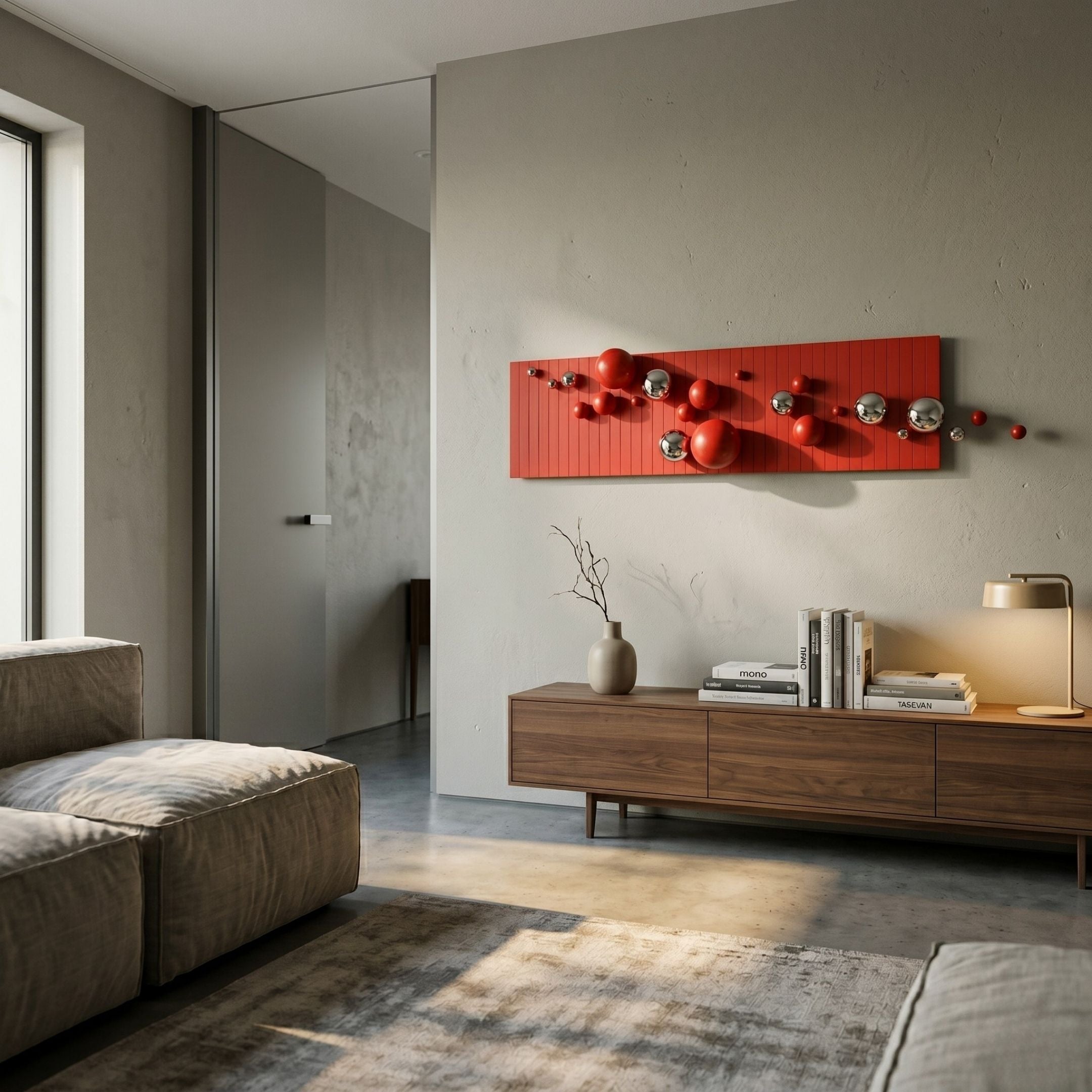 Orbivance Red & Silver Sphere Panel 3D Wall Art mounted above a walnut sideboard in a modern living room with grey walls and a linen sofa.