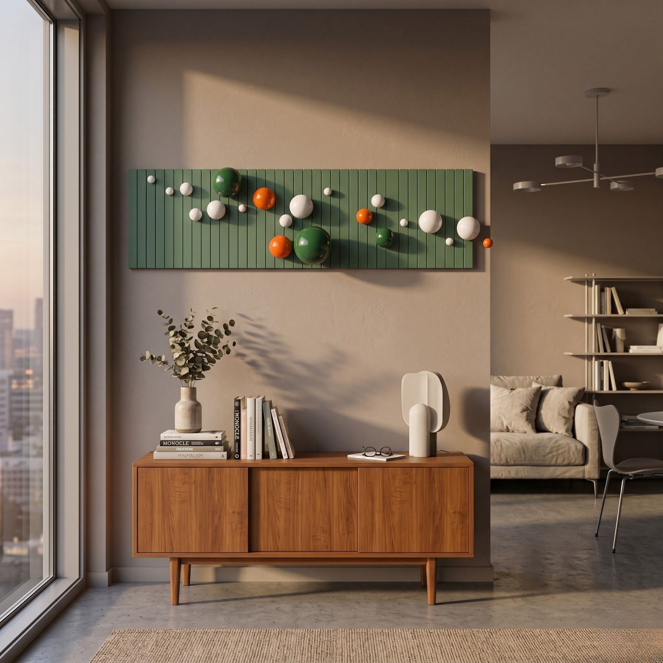 Orbivance Green, White & Orange Sphere Panel 3D Wall Art mounted on a beige wall above a mid-century walnut sideboard with books, vase, and lamp.