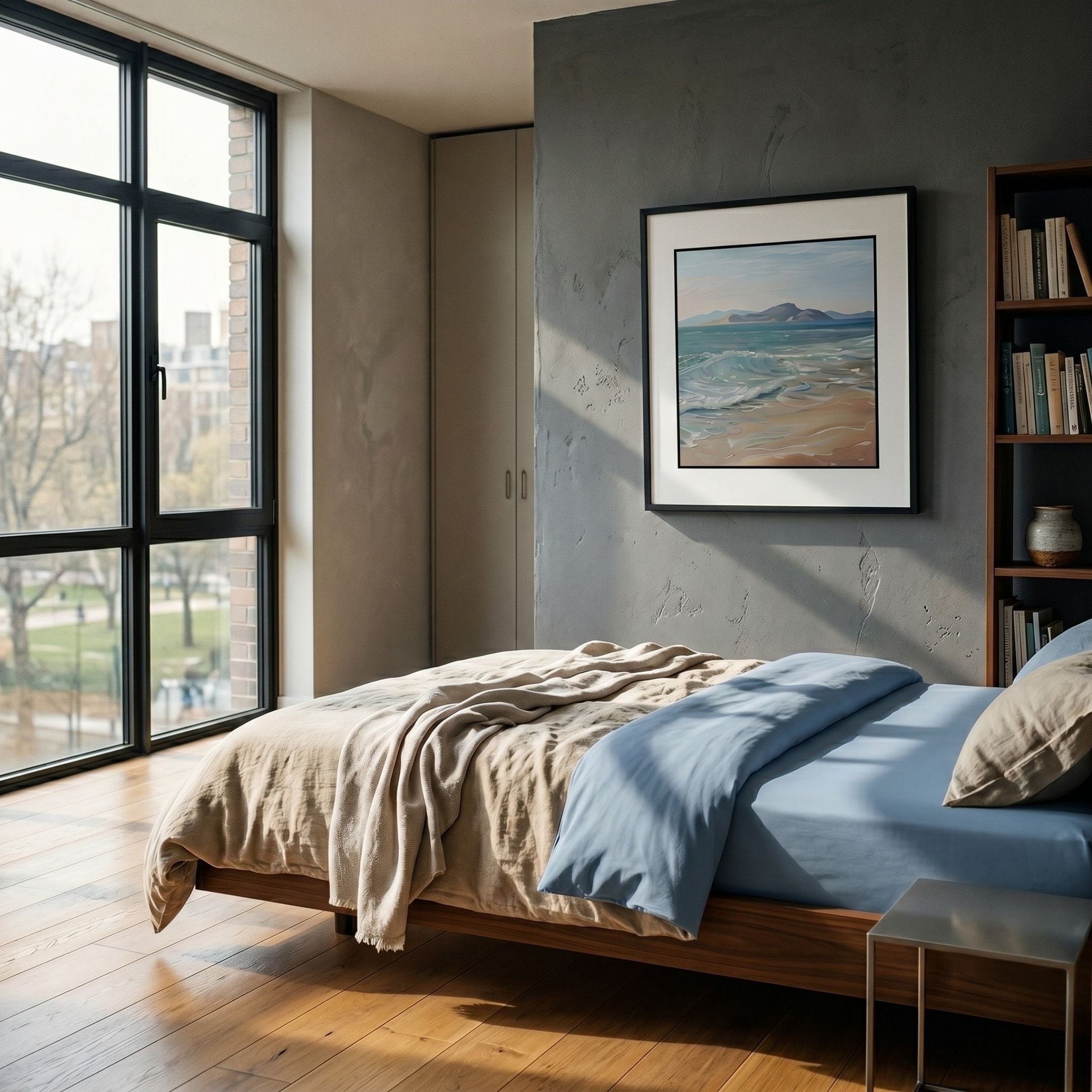 Marilline IV Calm Coastal View Double Framed Wall Art by Giant Sculptures hung on a grey wall above a wooden bed in a sunlit modern bedroom.