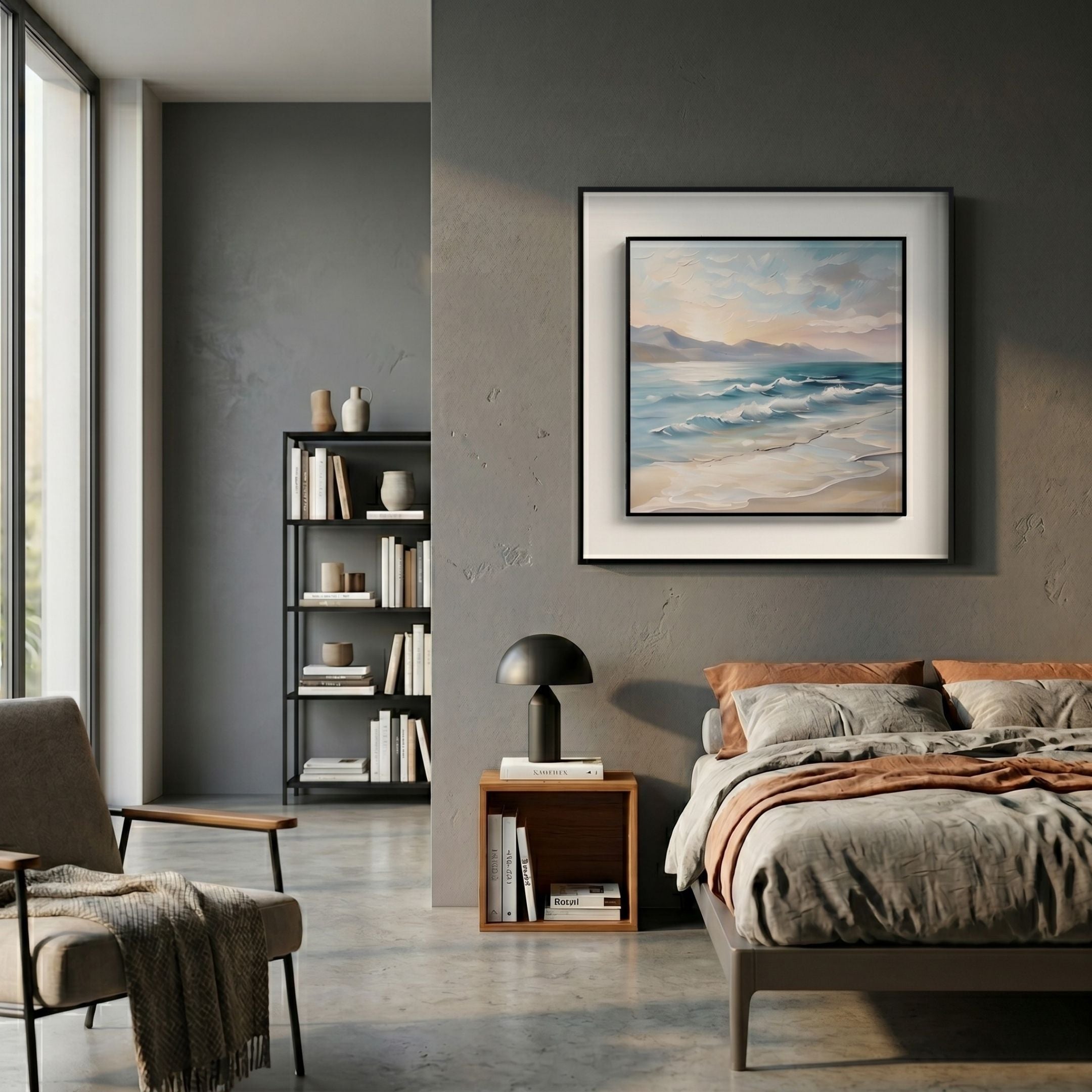 Marilline II Calm Coastal View Double Framed Wall Art by Giant Sculptures hangs above a wooden nightstand in a modern grey bedroom with a linen bed.