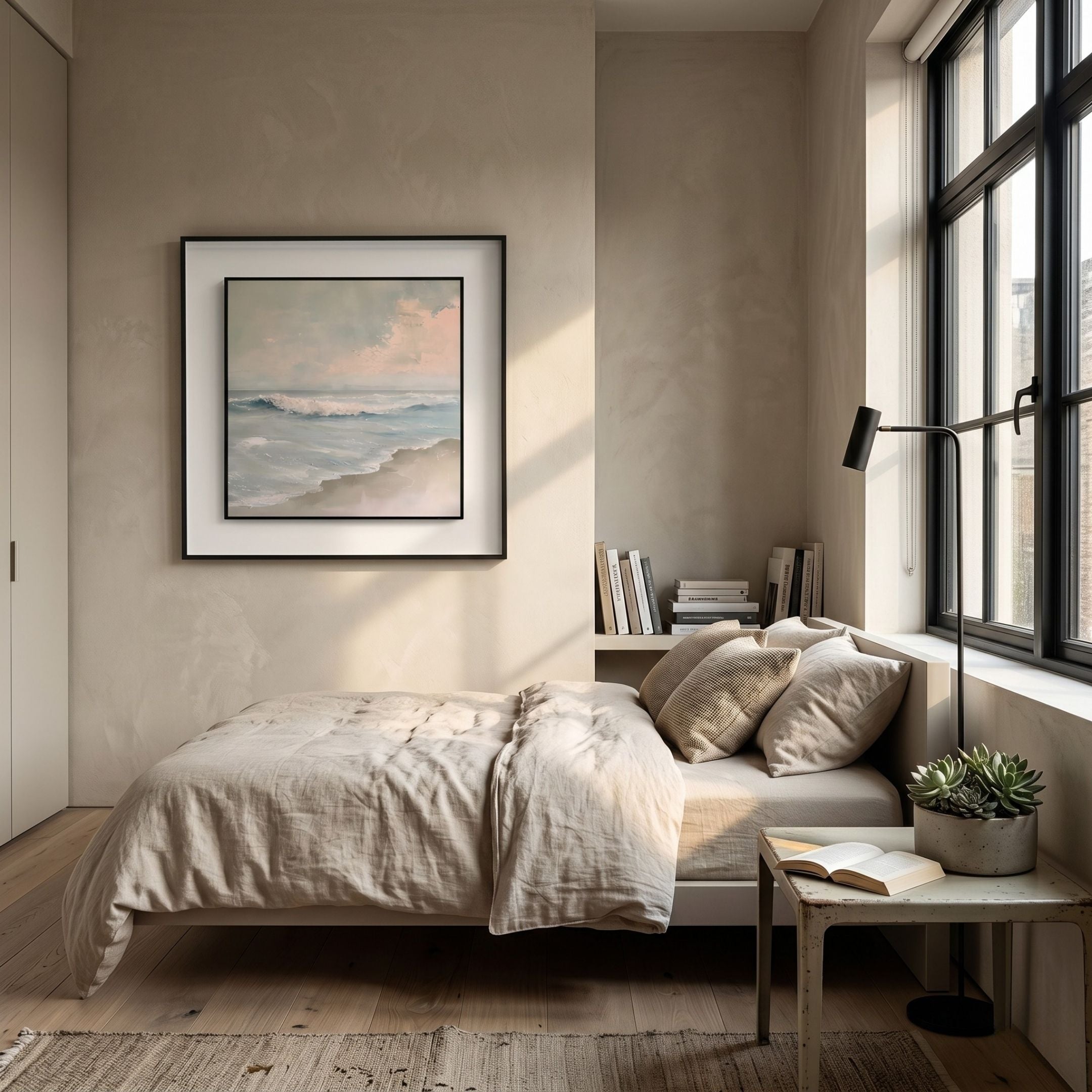 Tidalume III Soft Dawn Shoreline Double Framed Wall Art by Giant Sculptures hung above a linen-dressed bed in a sunlit beige bedroom with a tall window.