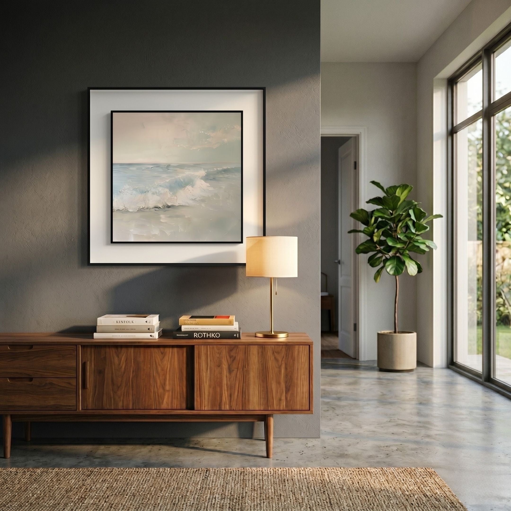 Tidalume II Soft Dawn Shoreline Double Framed Wall Art by Giant Sculptures displayed above a walnut sideboard with a brass lamp in a sunlit modern hallway.