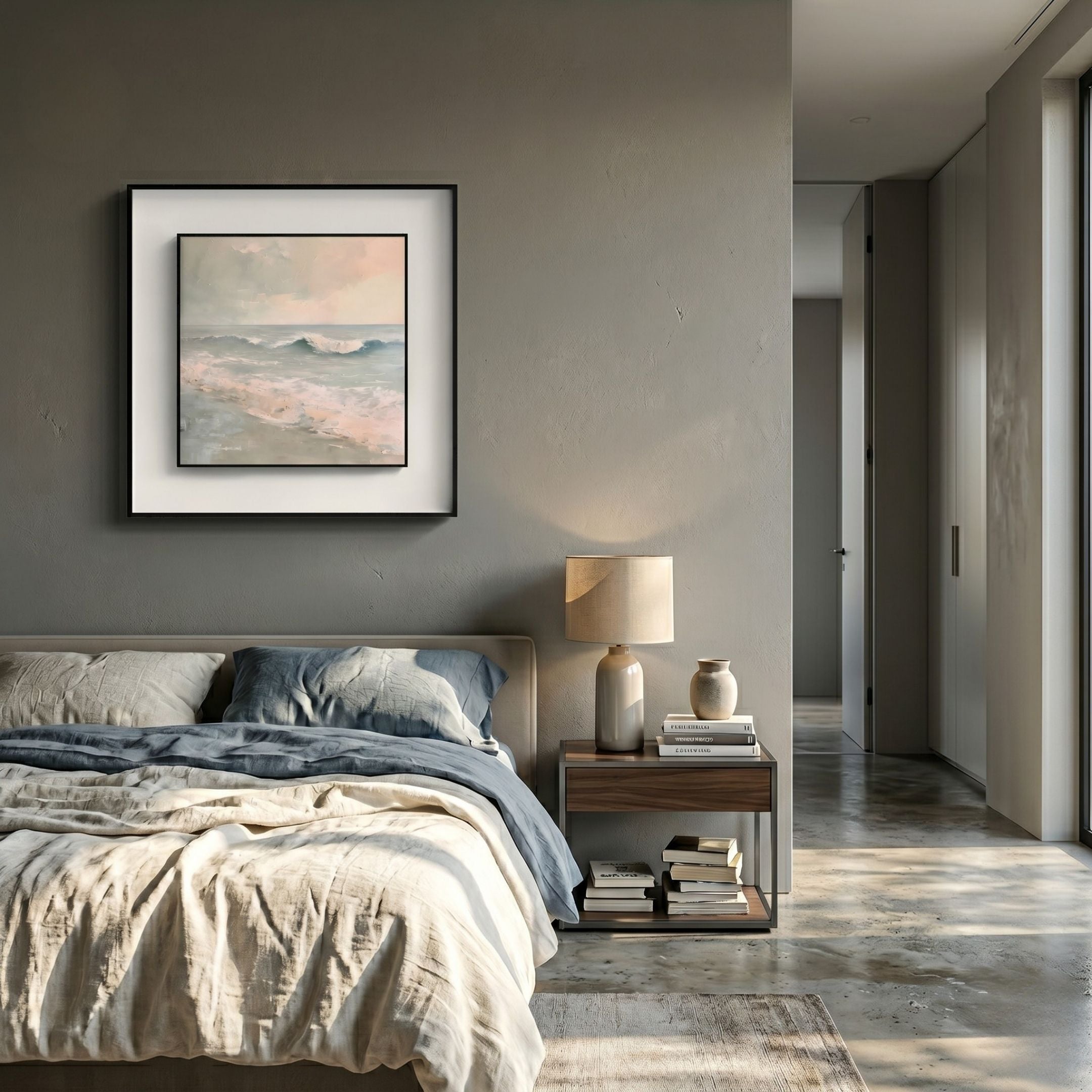 Tidalume I Soft Dawn Shoreline Double Framed Wall Art by Giant Sculptures hung above a linen bed and walnut nightstand in a grey modern bedroom.
