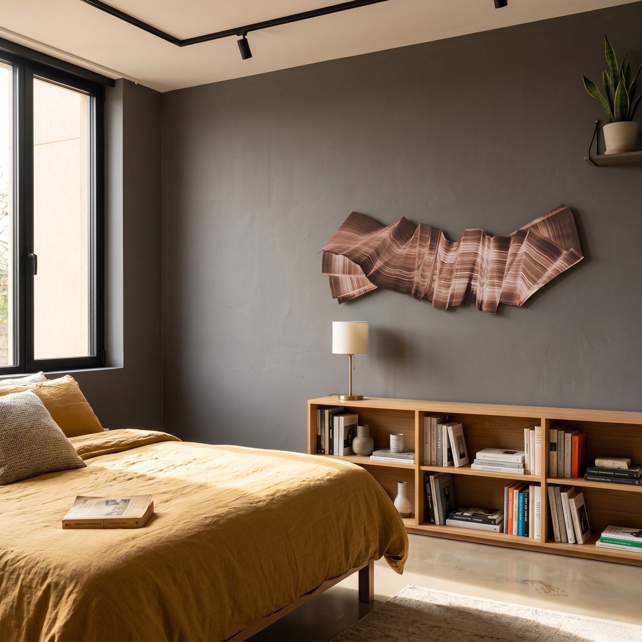 Vellun Wave Brown Flow 3D wall art mounted above a wooden bookshelf in a modern bedroom with mustard bedding, grey walls, and a brass lamp.