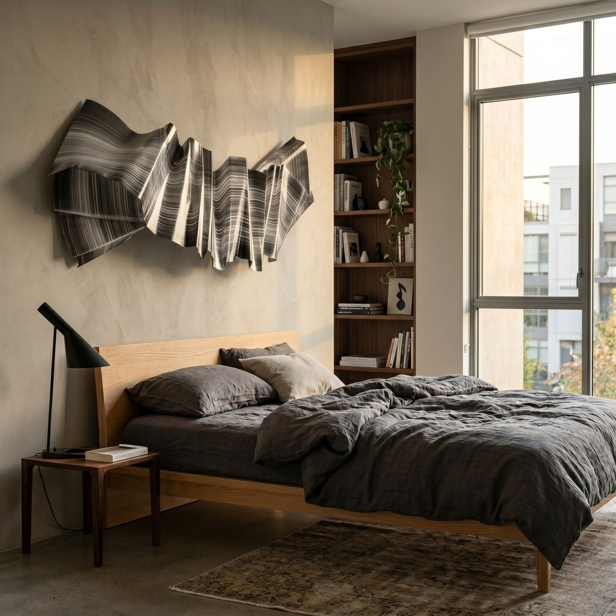 Vellun Wave Graphite Flow 3D wall art with folded black-and-white striped ribbon form mounted above a wooden bed with grey linen bedding and bookshelf.