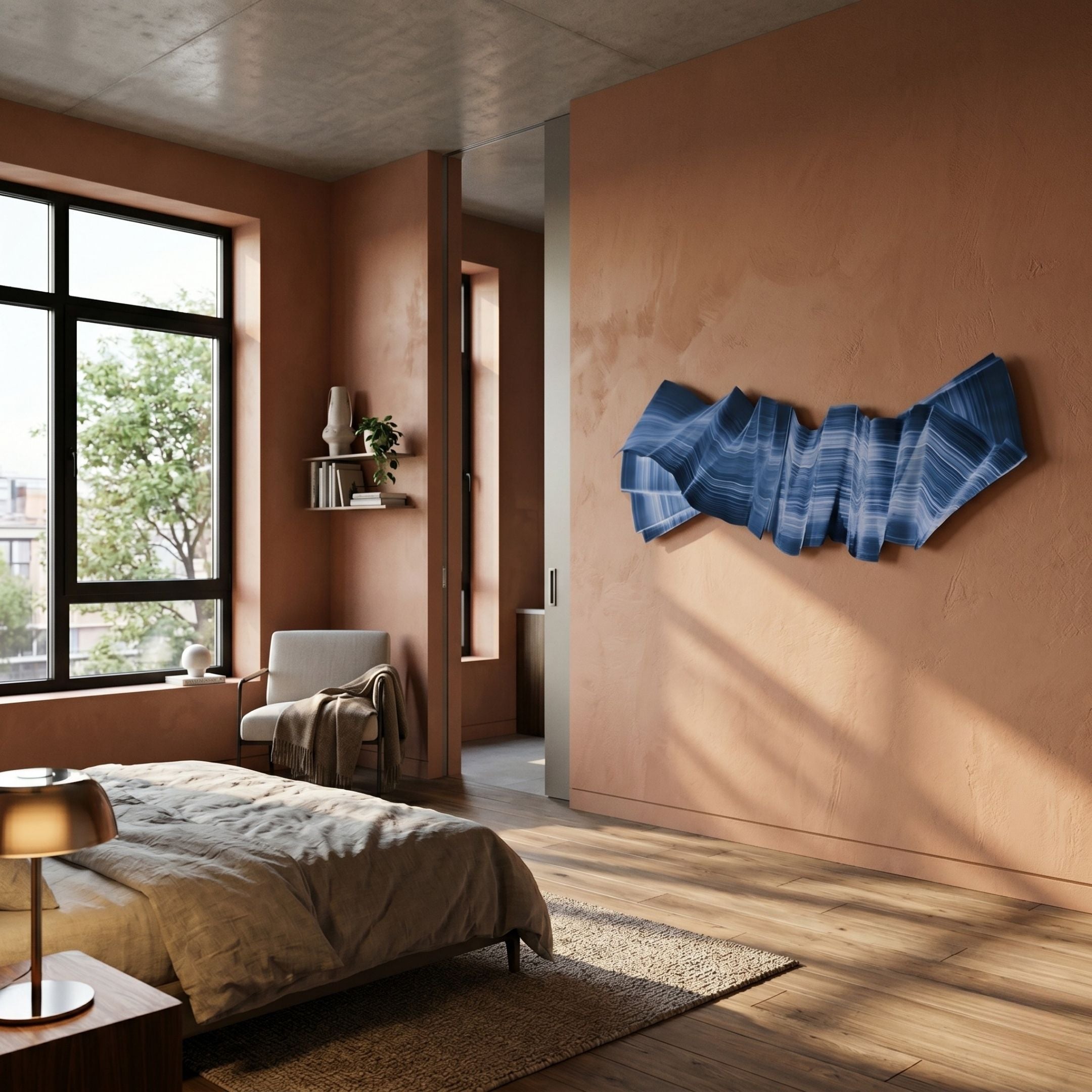 Vellun Wave Deep Marine Sculptural Hand-Painted 3D Wall Art by Giant Sculptures, a folded blue-and-white striped ribbon form mounted on a terracotta bedroom wall.
