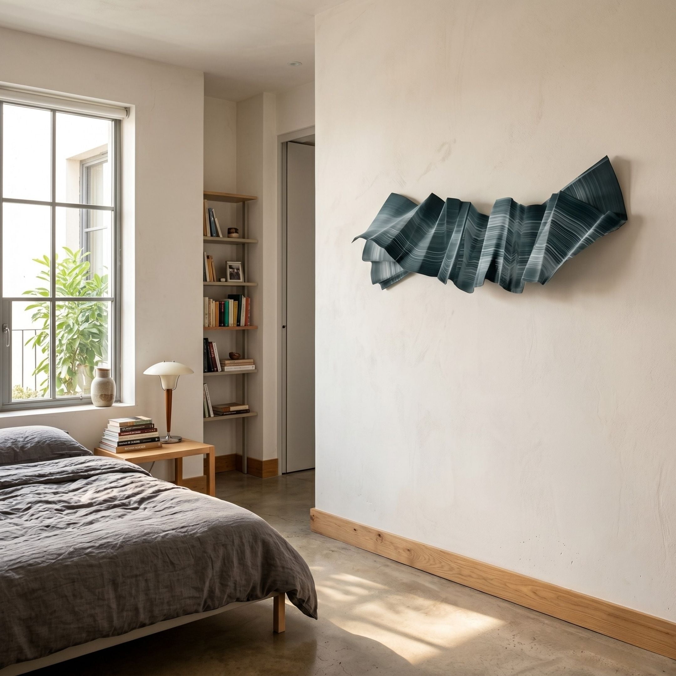 Vellun Wave Aqua Frost 3D wall art mounted above a wooden nightstand in a sunlit bedroom with grey linen bedding, bookshelf, and potted plant by the window.