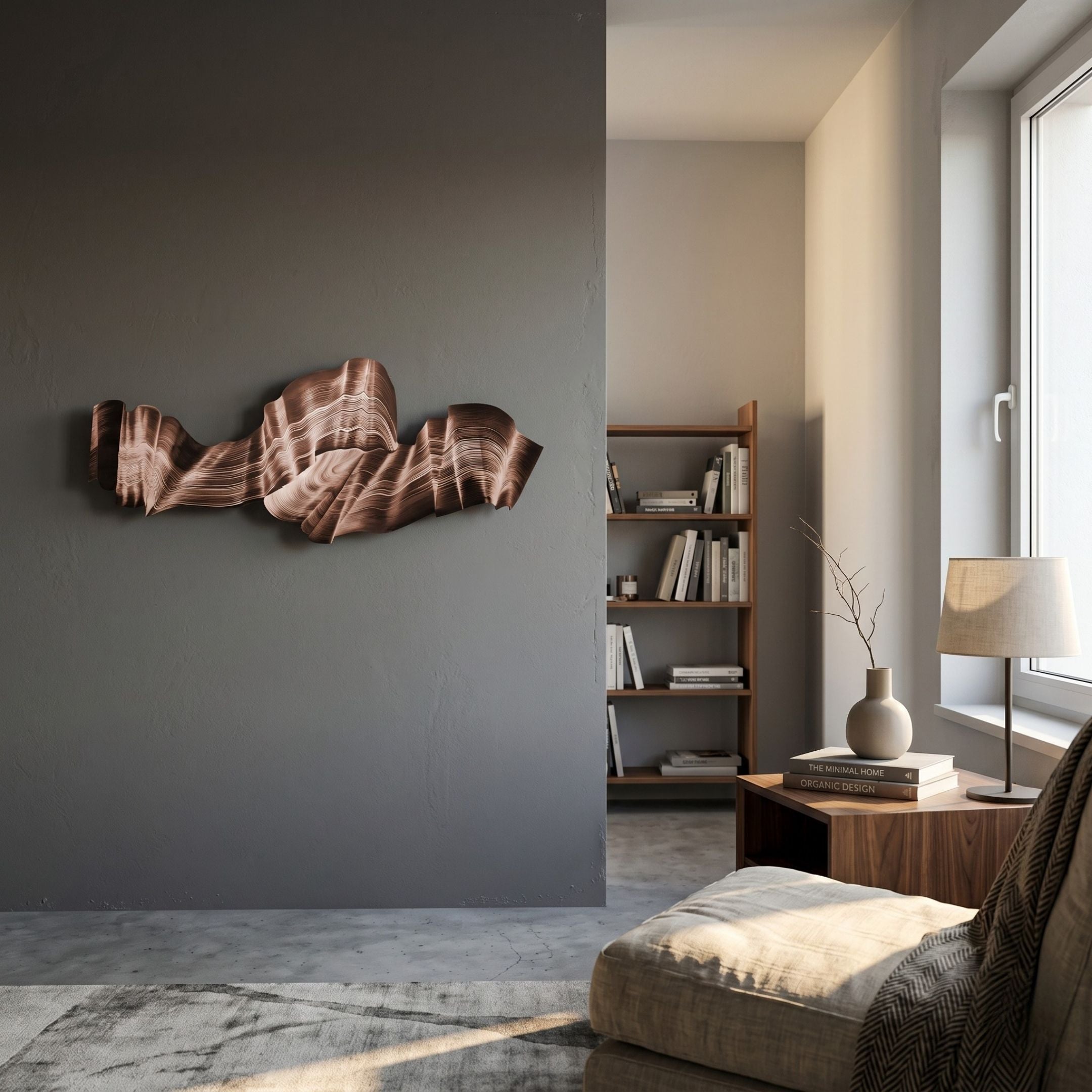 Vellun Wave Brown Drift Sculptural Hand-Painted 3D Wall Art mounted on a dark grey wall in a modern living room with bookshelf, side table, and lamp.