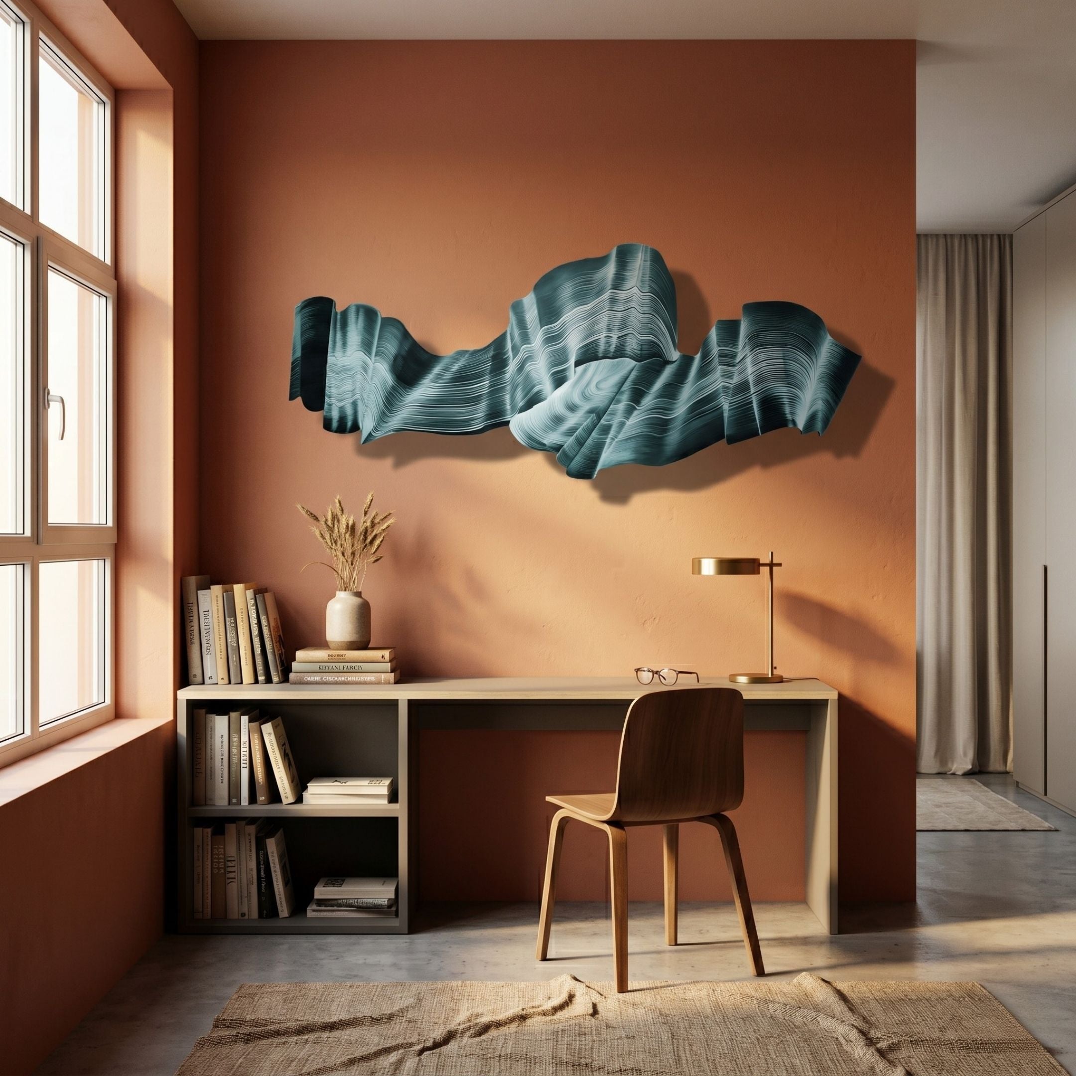 Vellun Wave Teal Mist Sculptural 3D Wall Art mounted above a pale wood desk and bookshelf in a terracotta-walled office with a wooden chair and brass lamp.