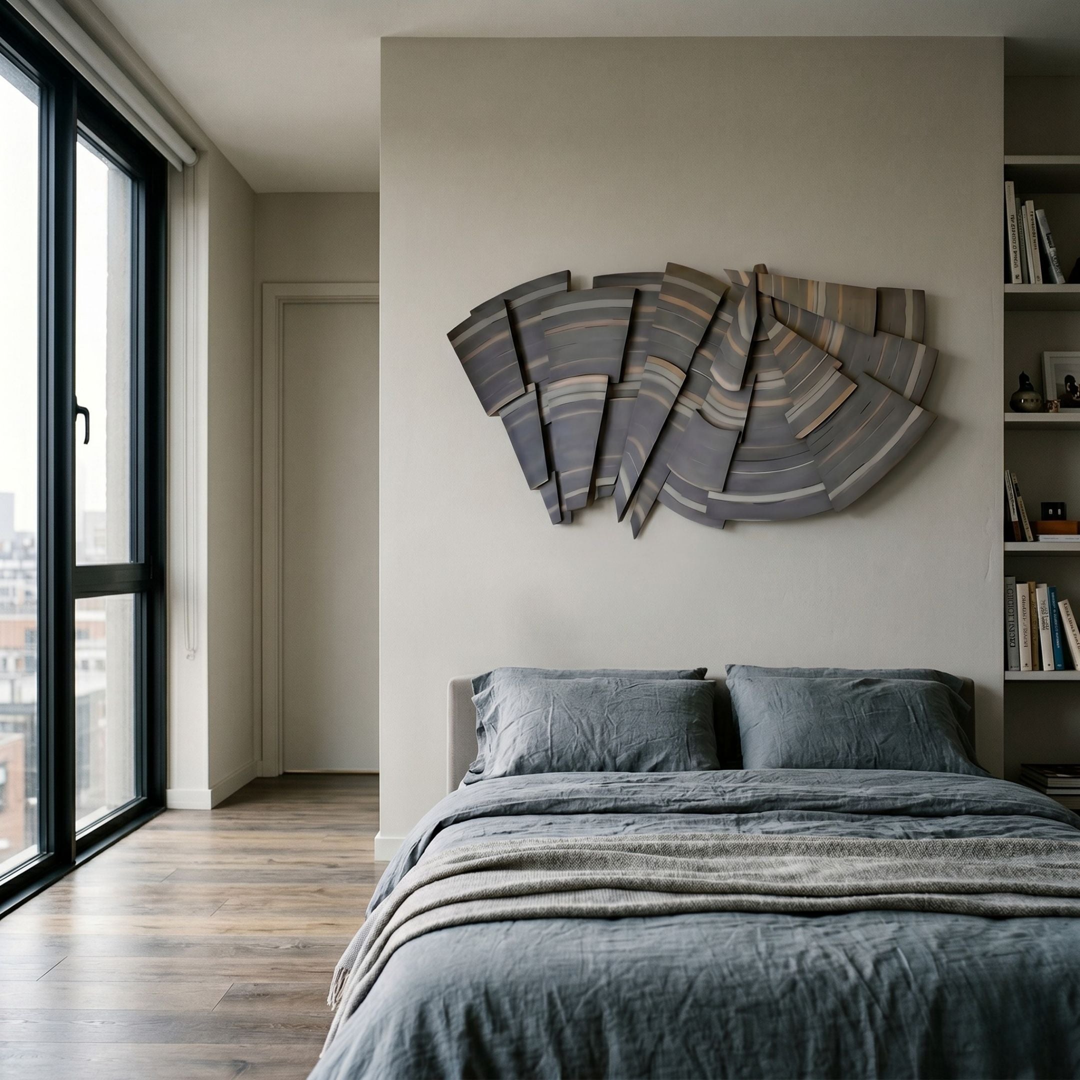 Stratava Arcstone Layered Wood Carving 3D Wall Art by Giant Sculptures, fan-shaped grey and brown arcs mounted above a bed with grey linen bedding.