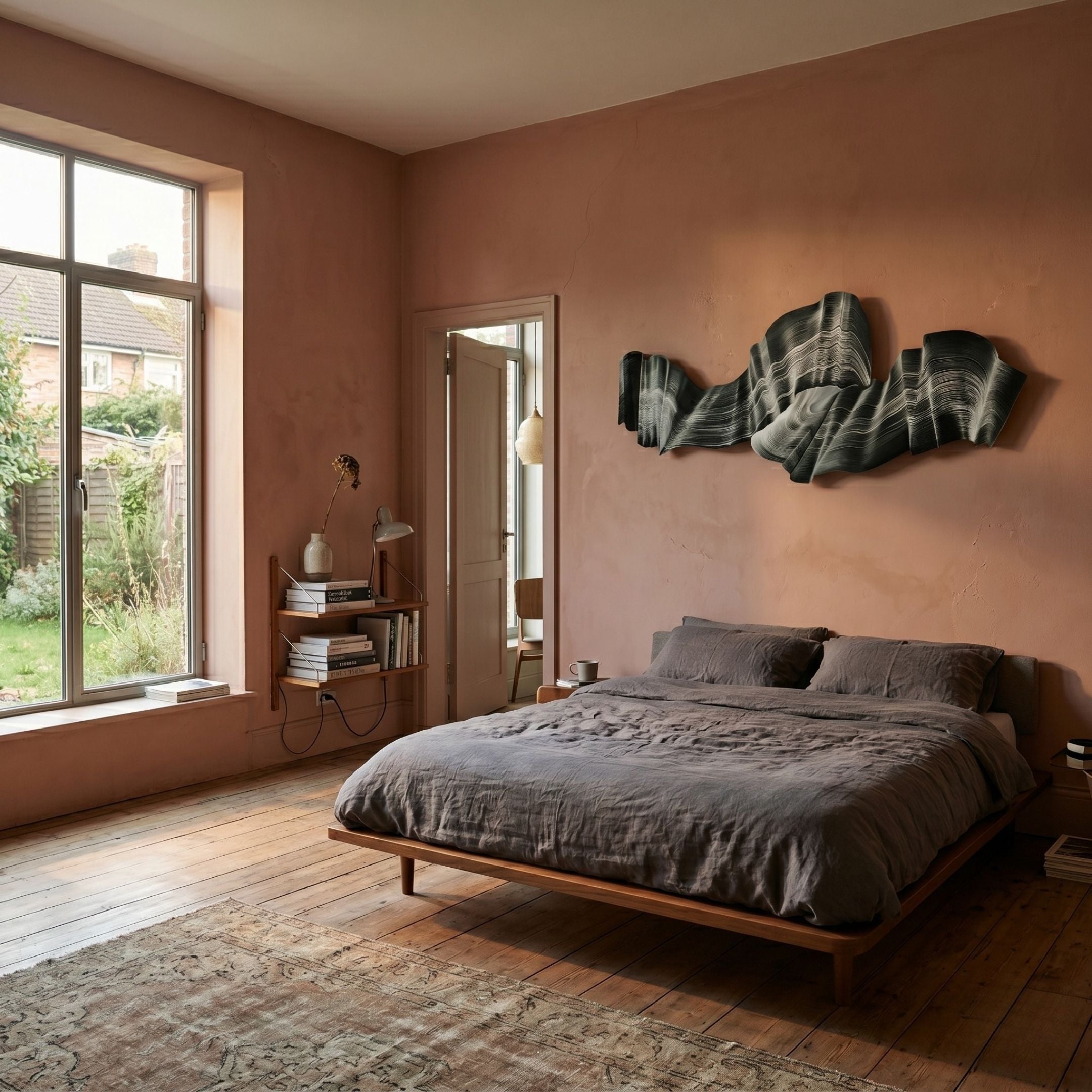 Vellun Wave Forest Shadow Sculptural 3D Wall Art in black and white ribbon strata, mounted on a terracotta bedroom wall above a wooden bed with grey linen.