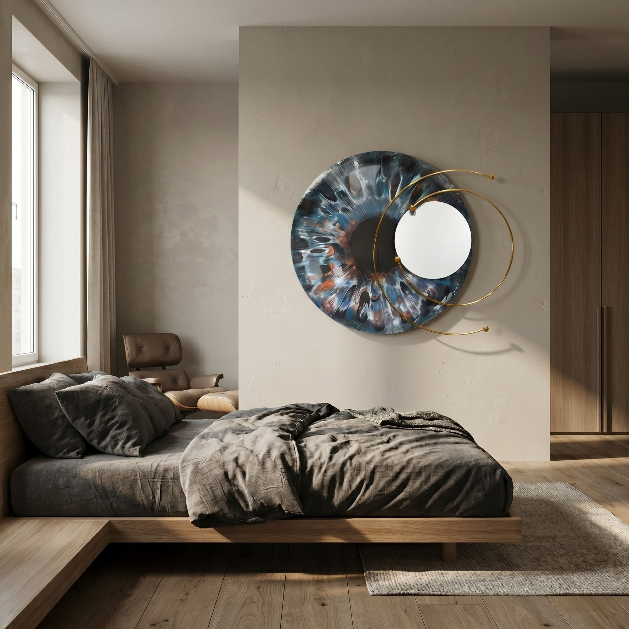 Aurelios Molten Steel Crystal Porcelain & Gold Orbit 3D Wall Art mounted above a wooden platform bed with grey linens in a modern bedroom.