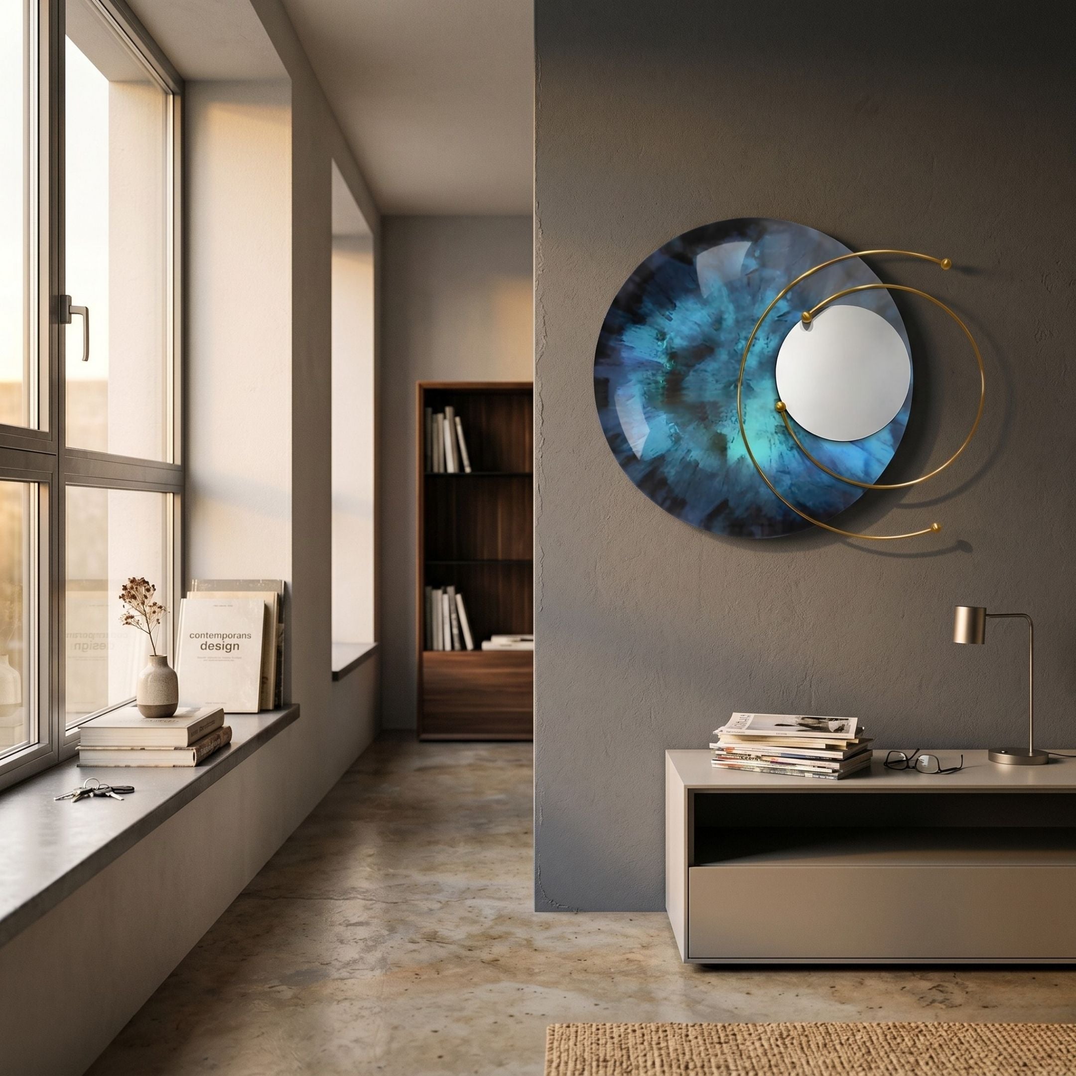 Aurelios Deep Teal Crystal Porcelain & Gold Orbit 3D Wall Art by Giant Sculptures mounted on a grey hallway wall above a console with lamp and magazines.
